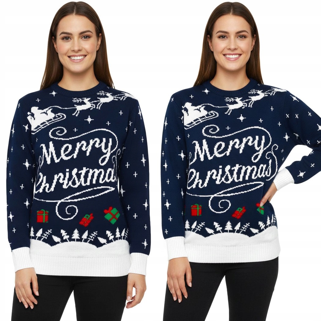 Tmavě modrý dámský vánoční svetr s Mikulášem a hvězdičkami na Vánoce, velikost XL