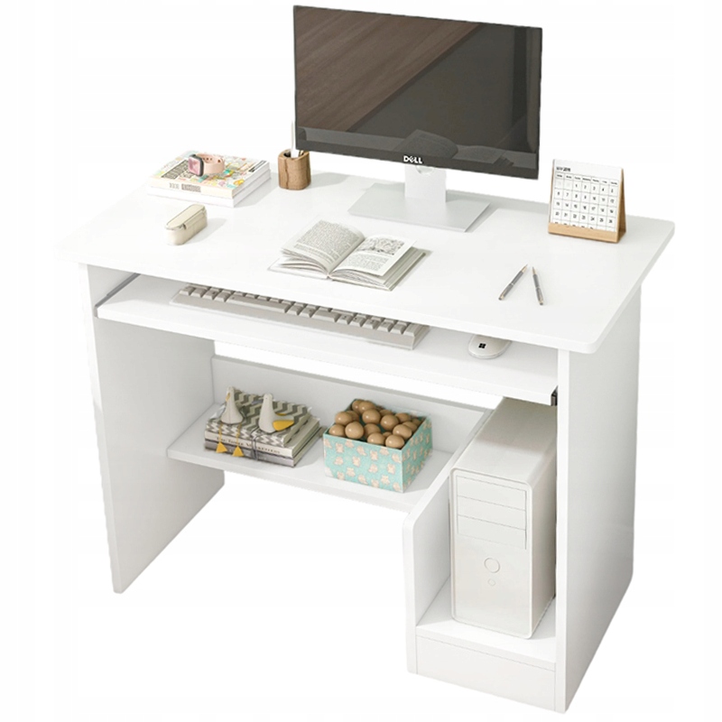 MODERNÝ BIELY POČÍTAČOVÝ STÔL S POLICAMI A ZÁSUVKOU PRE MLÁDEŽ