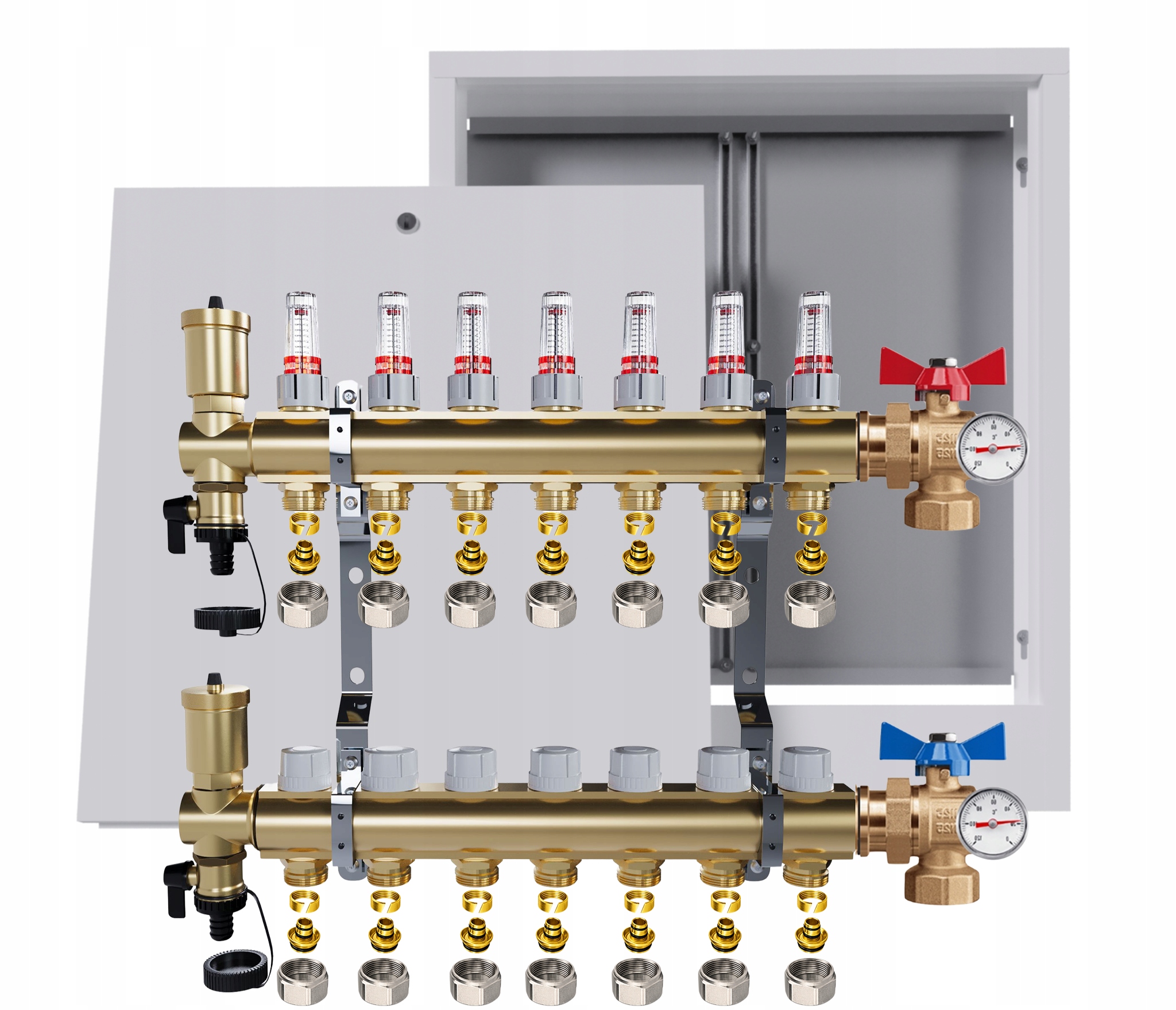 Rozdělovač Pro Podlahovou Krytinu 7 Okruhů Ventily Teploměr Krabička Pex