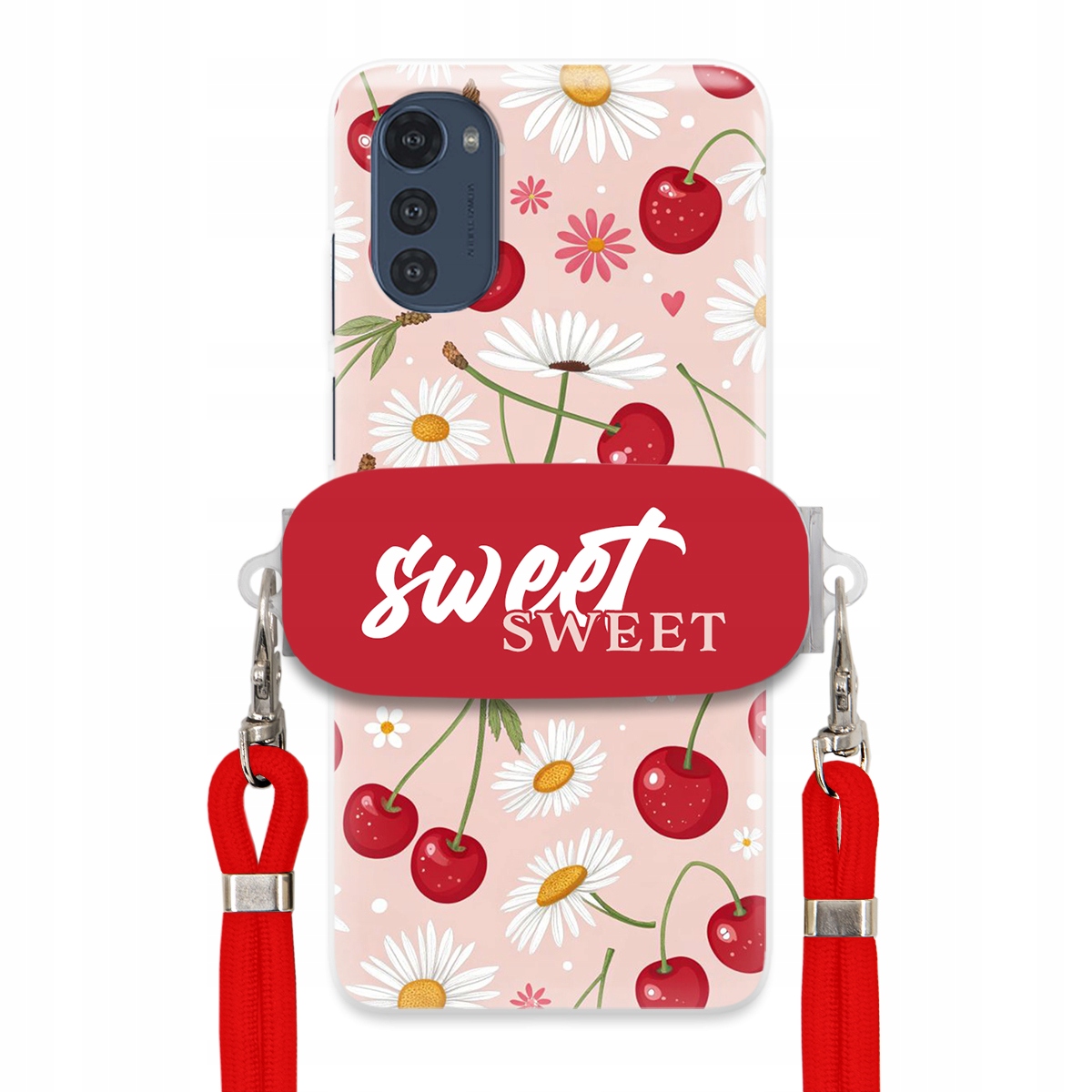 Puzdro pre Motorola E32s Červené vodítko Crossbody držiak Sweet Kvet čerešne