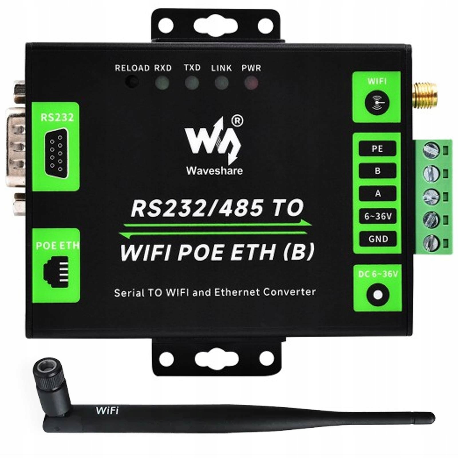 Konwerter RS232 RS485 WiFi Ethernet PoE Waveshare izolowany modbus Mqtt