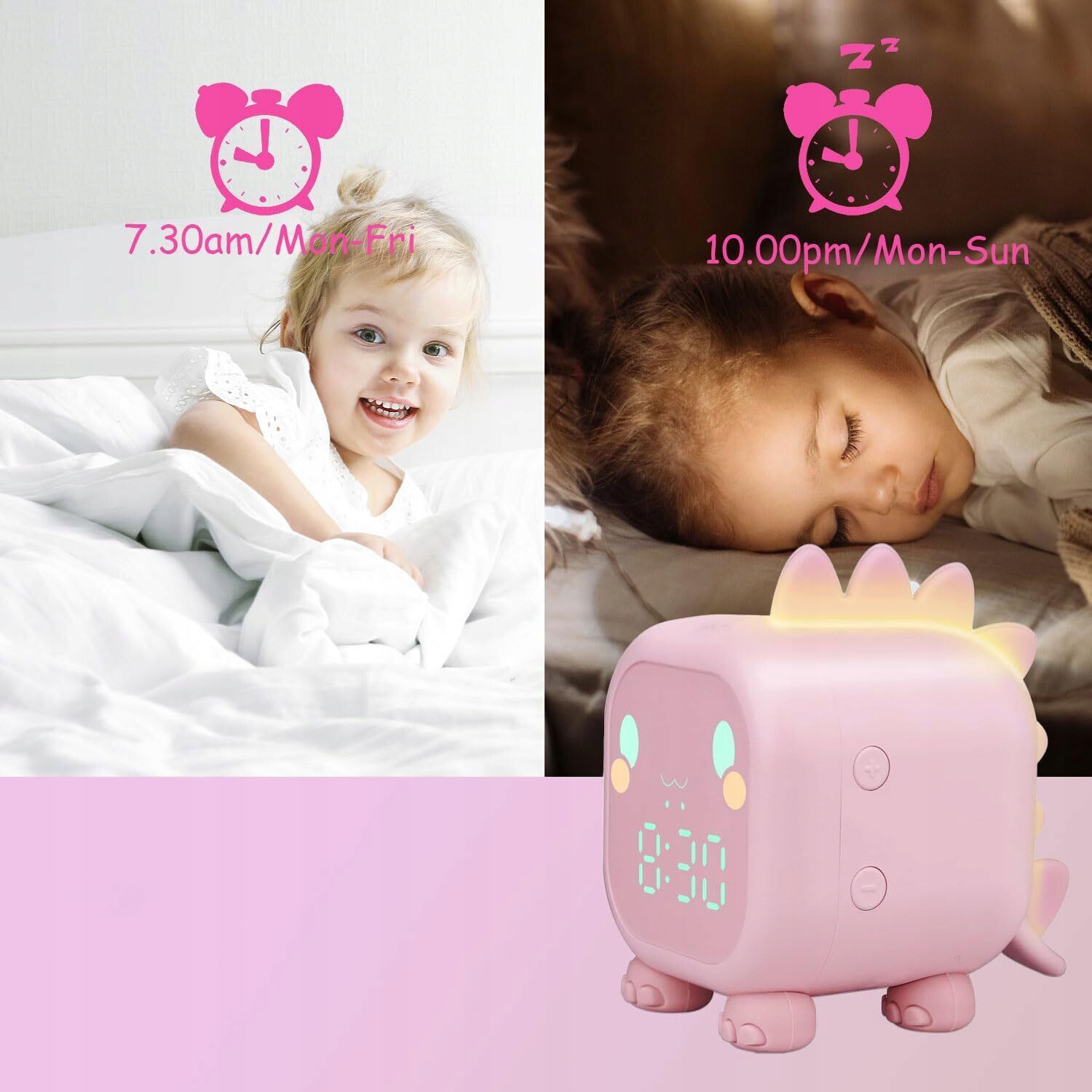 CYFROWY BUDZIK DLA DZIECI, DINOZAURY, ZEGAR Z LAMPKĄ NOCNĄ, FUNKCJĄ DRZEMKI Wysokość całkowita 11.5 cm