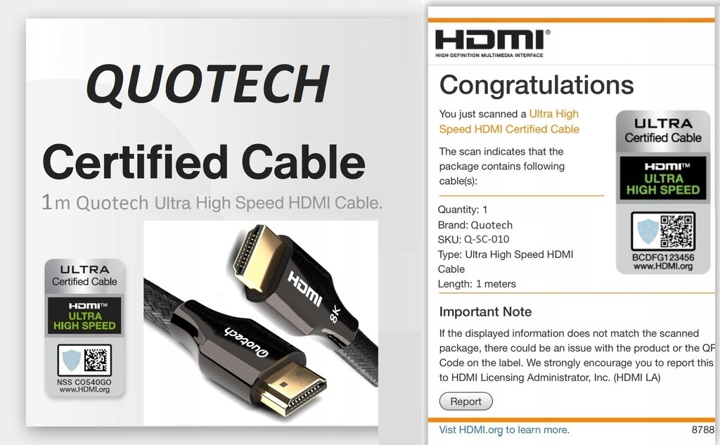 Kabel HDMI 2.1 8K Ultra High Speed QUOTECH 1m Długość kabla 1 m