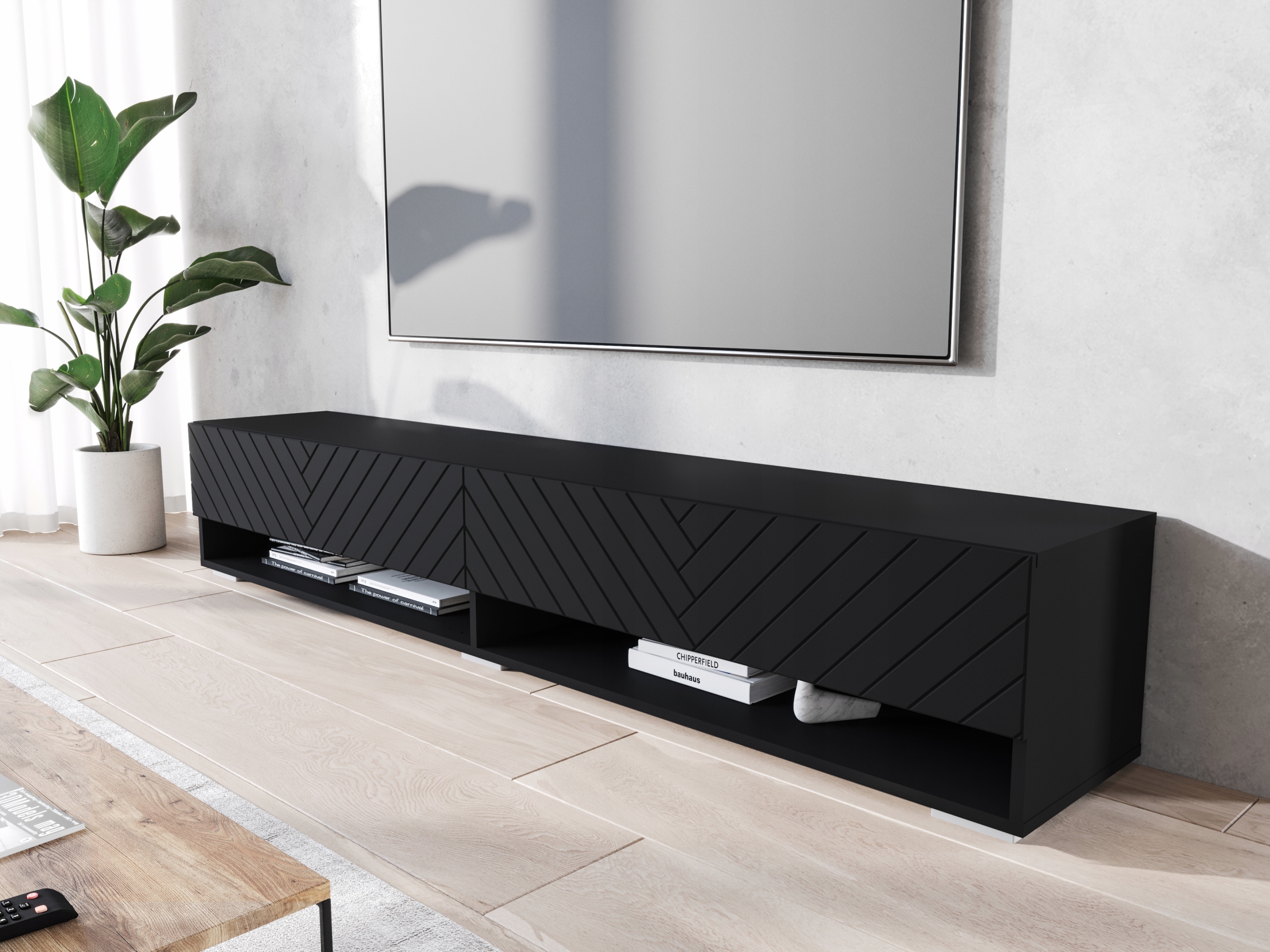 Szafka RTV Lowboard A 180cm Czarny Grafit / Jodełka MDF Marka KING-Meble