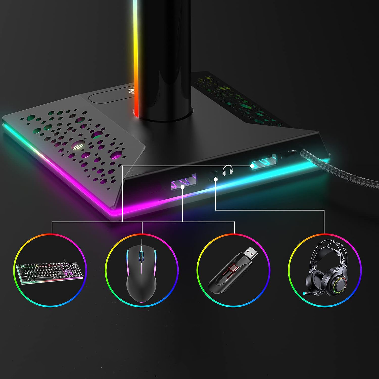 STOJAK NA SŁUCHAWKI GAMINGOWY RGB LED USB Stan opakowania oryginalne