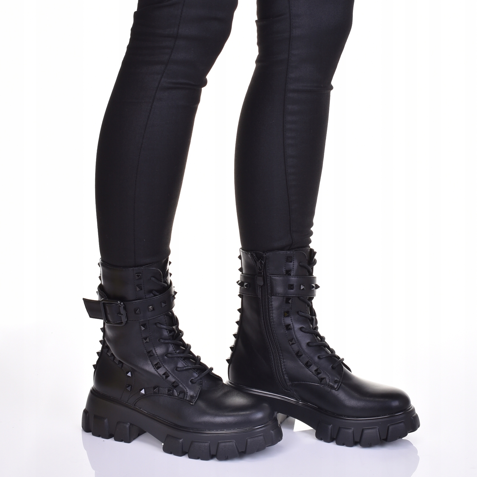 GLANY DAMSKIE WORKERY CZARNE Z ĆWIEKAMI SKÓRZANE Długość wkładki 25 cm