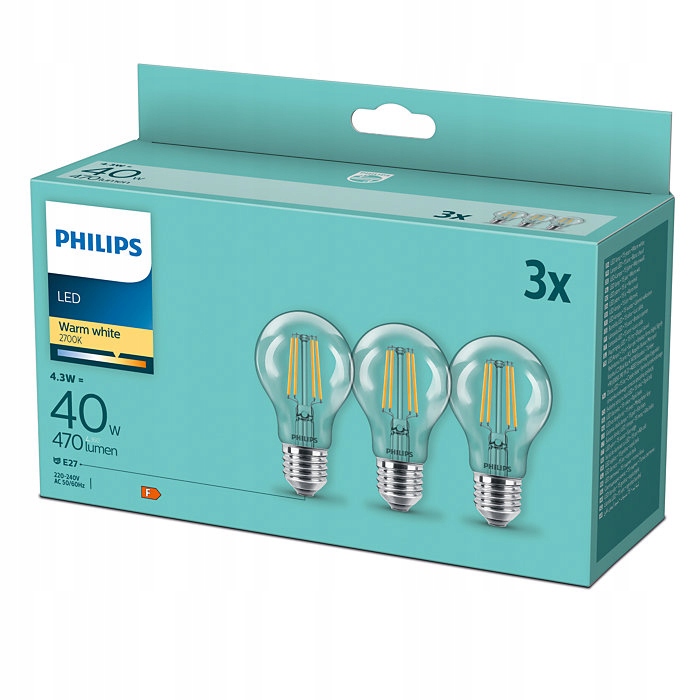 

3x Żarówka E27 Philips Led 4W 40W Filament Retro