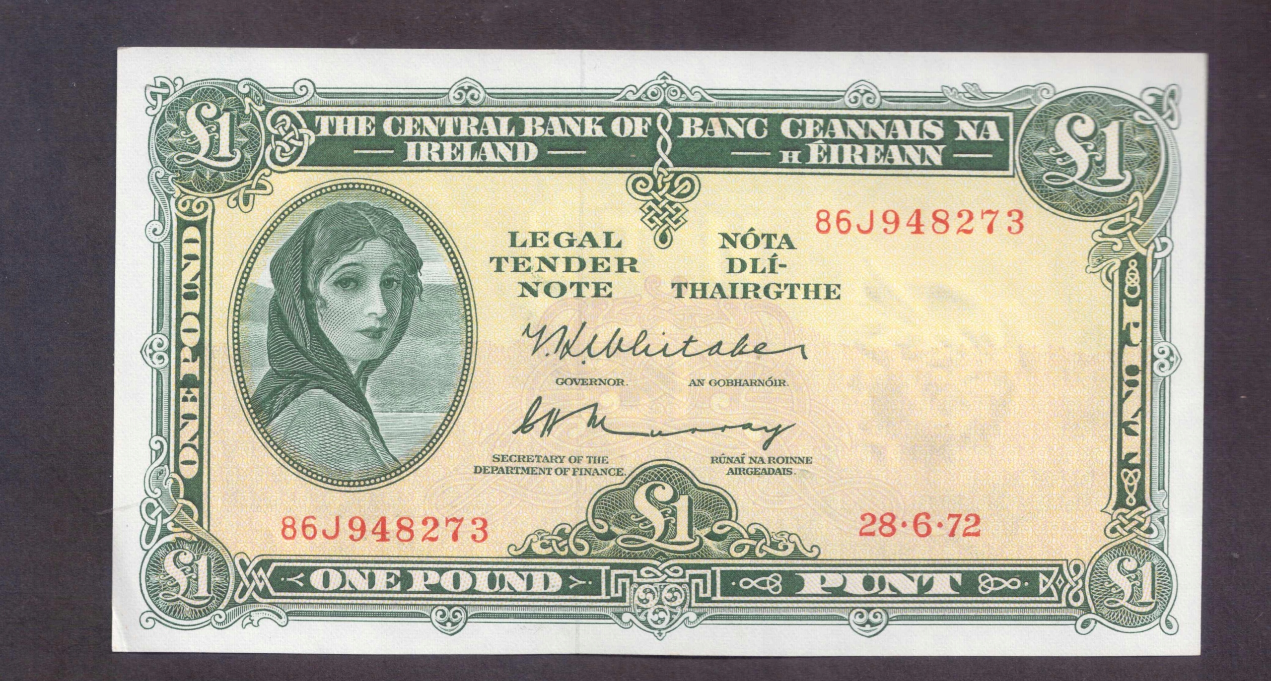 Irlandia - banknot - 1 Funt 1972 rok