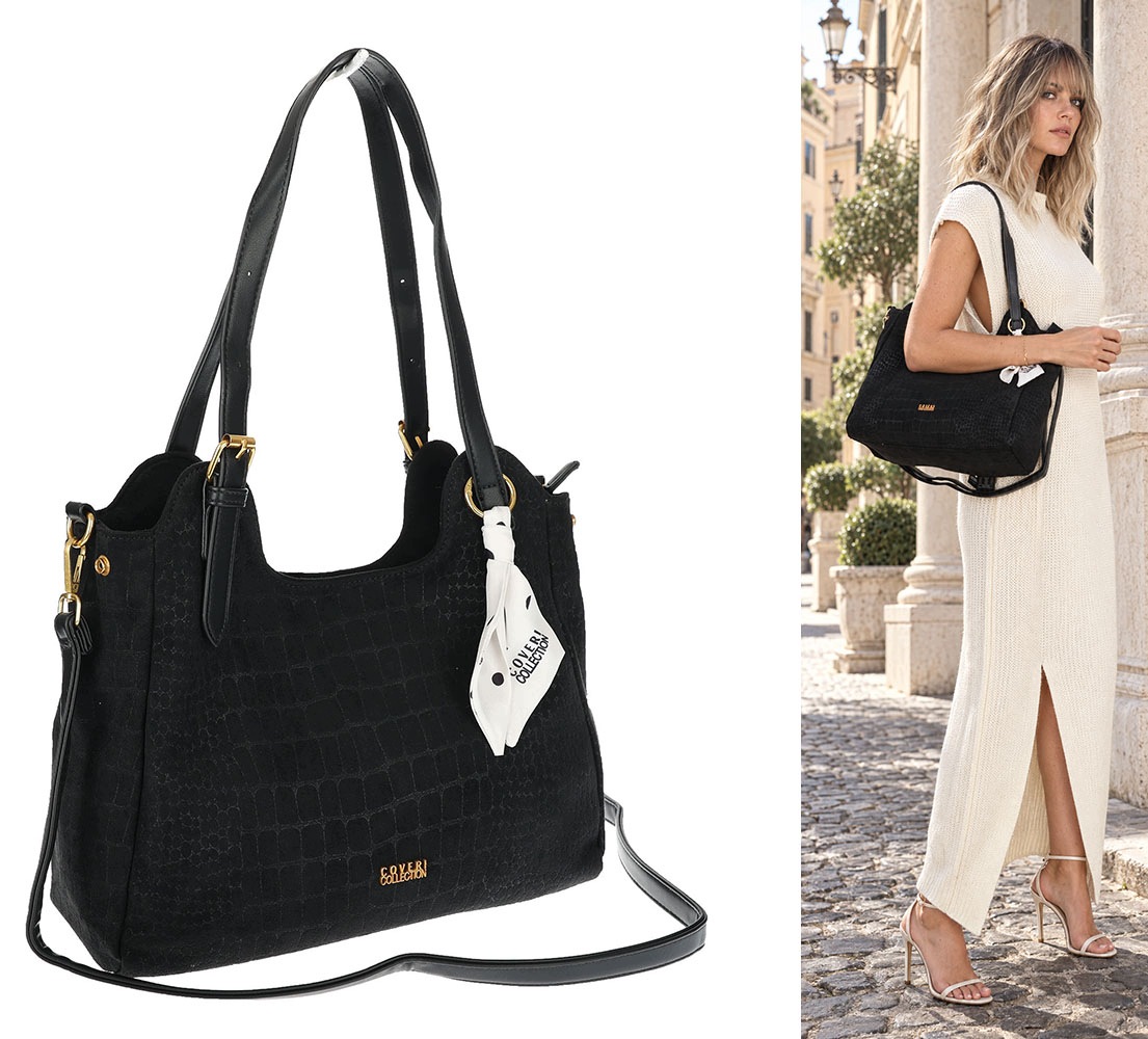Dámská shopper kabelka prostorná semišová módní taška přes rameno CC062 Černá
