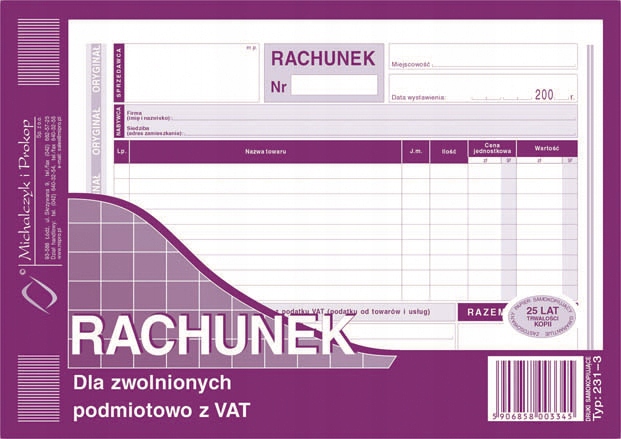 

Druk Rachunek Dla Zwoln. Podmiot Z Vat typ 231-3
