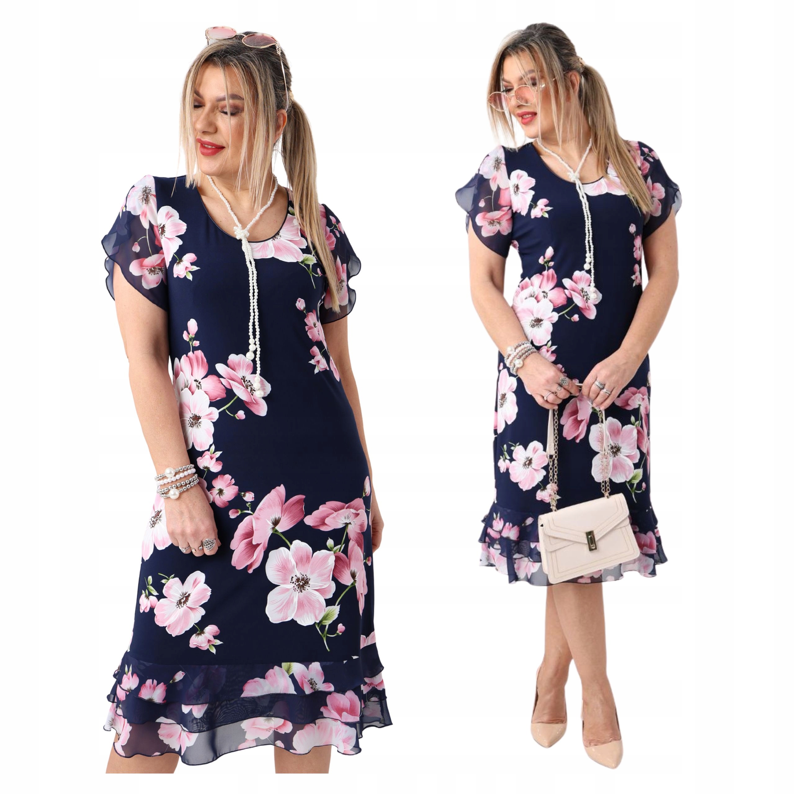 Wizytowa Sukienka Z Falbanką Duże Rozmiary Polski Producent MIDI Zwiewna