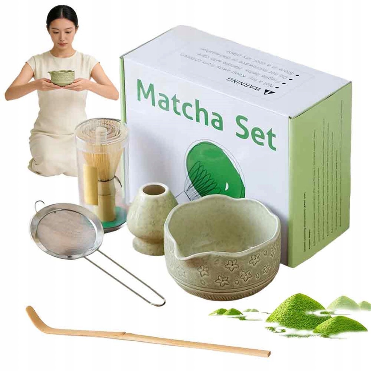 Levně Kompletní Sada Nástrojů Pro Matcha S Keramickou Miskou A Bambusovou Lžící