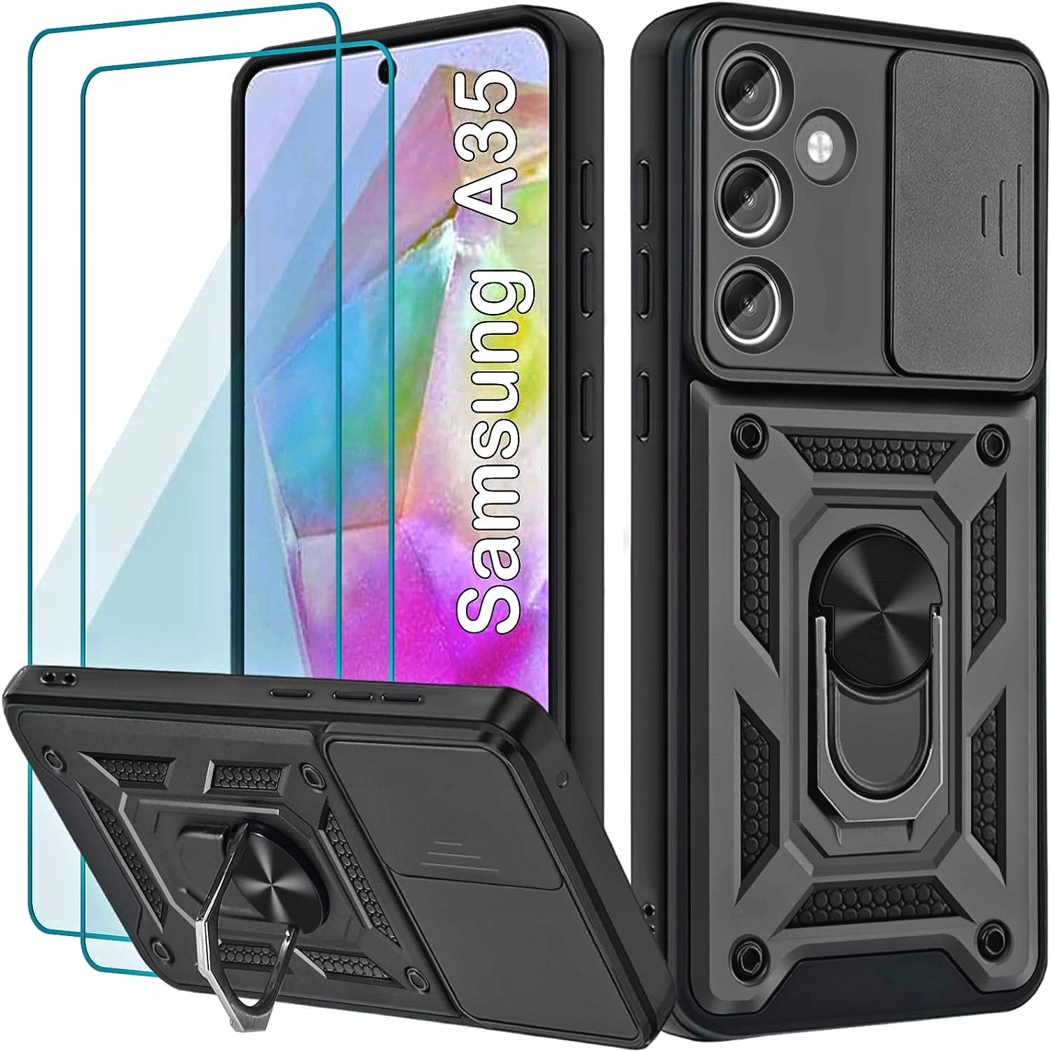 Etui do Samsung Galaxy A35 5G Pancerne Plecki Ring 360°+ 2 x Szkło Ochronne