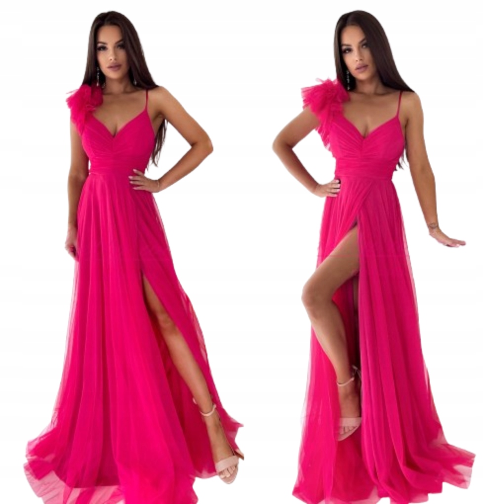 Milagros Fuksja Šaty Dlouhá Šaty tylová princezna ples svatební hostina M