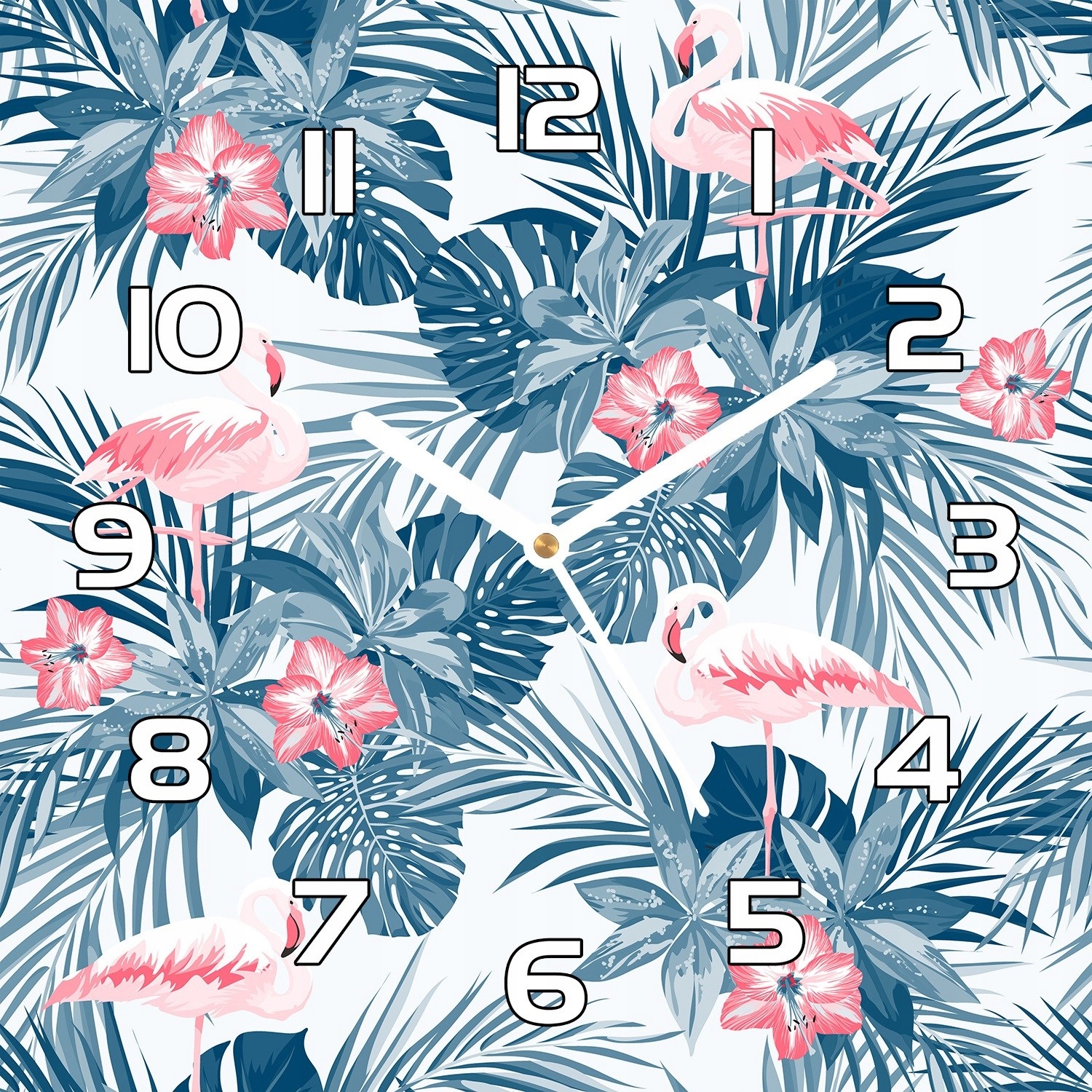 

Nowoczesny zegar szklany Flamingi i plamy 30x30 cm