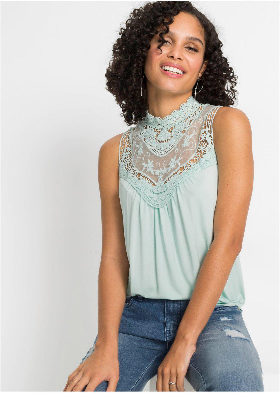 38 Bonprix VV1 MIĘTOWY TOP Z HAFTEM Wzór dominujący bez wzoru