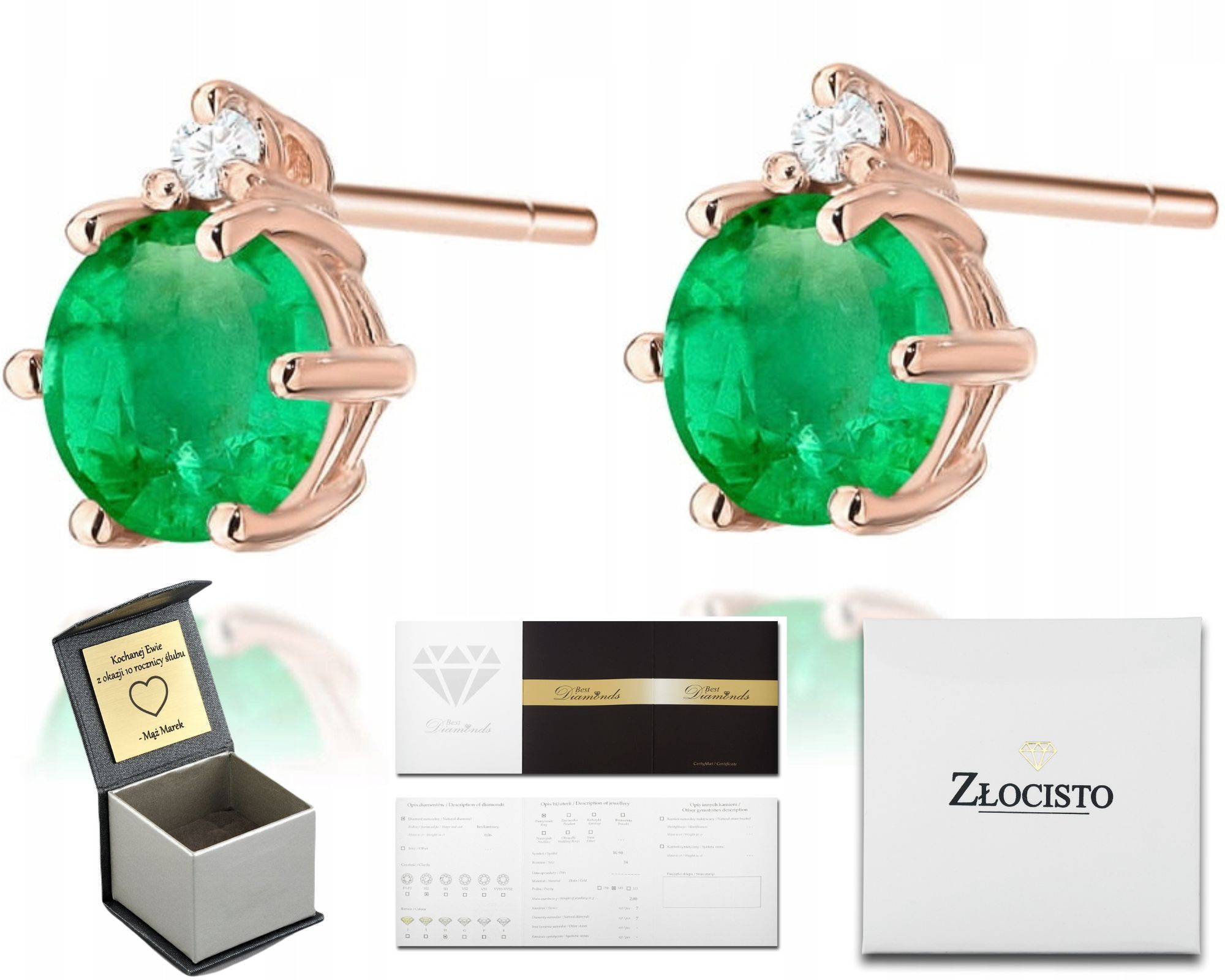 Náušnice V Růžovém Zlatě V Zlatě 585 14K Zelený Smaragd Diamanty