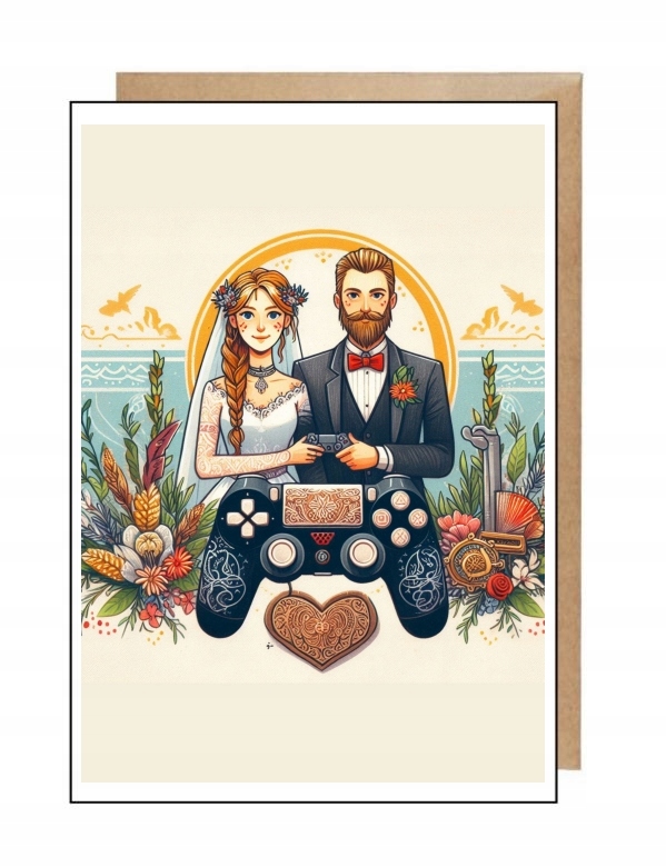 Kartka pocztówka+ eko koperta na ślub wesele Para młoda gracze gry