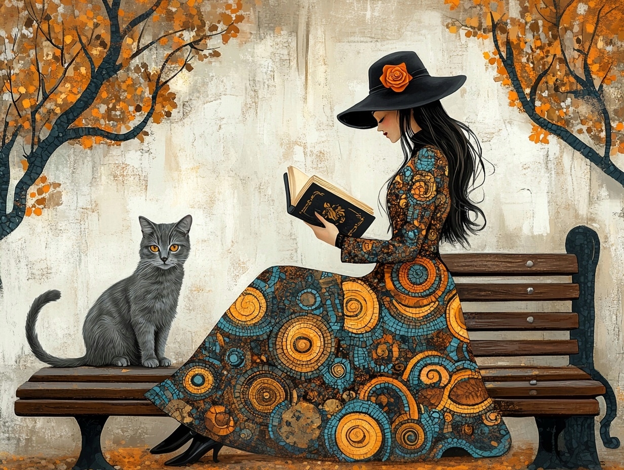 Obraz Na Plátně Canvas Park Stromy Lavička Podzim Žena Kočka Mozaika 80x60