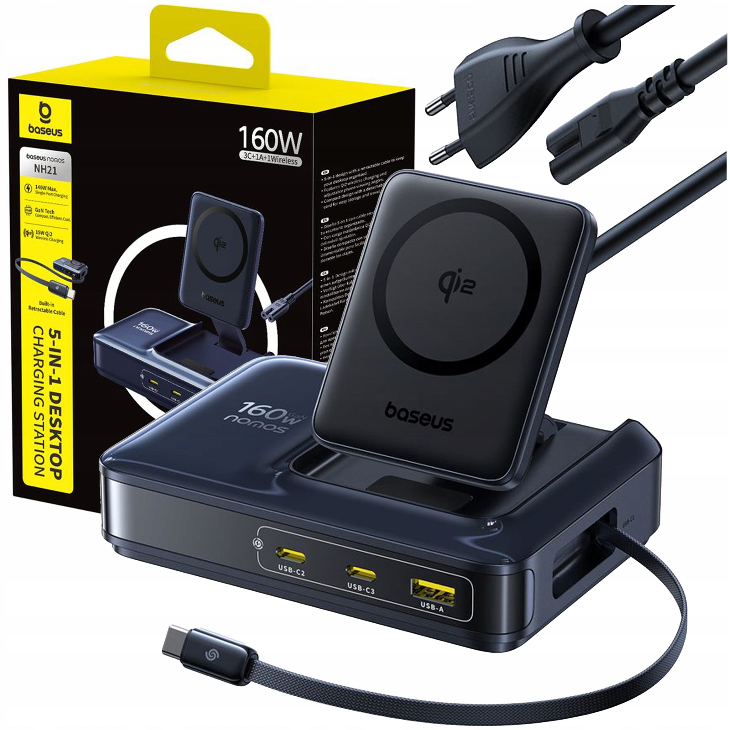 Baseus Nabíjecí Stanice 5W1 160W 3x Usb-c Usb-a Bezdrátová Nabíječka Qi2