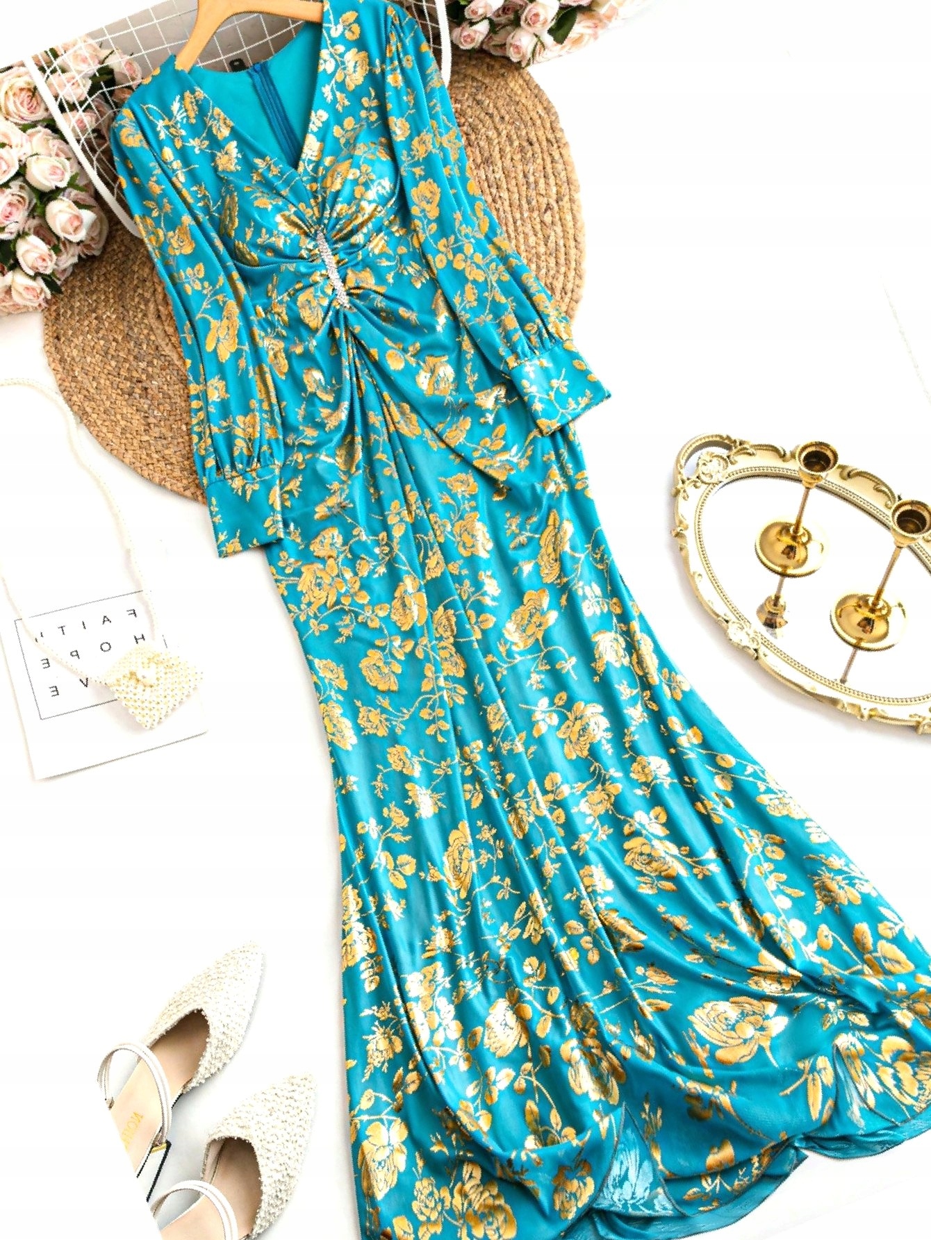 Šaty se zlatými květy, nařasená, modrá, plesová, Maxi 3XL 46