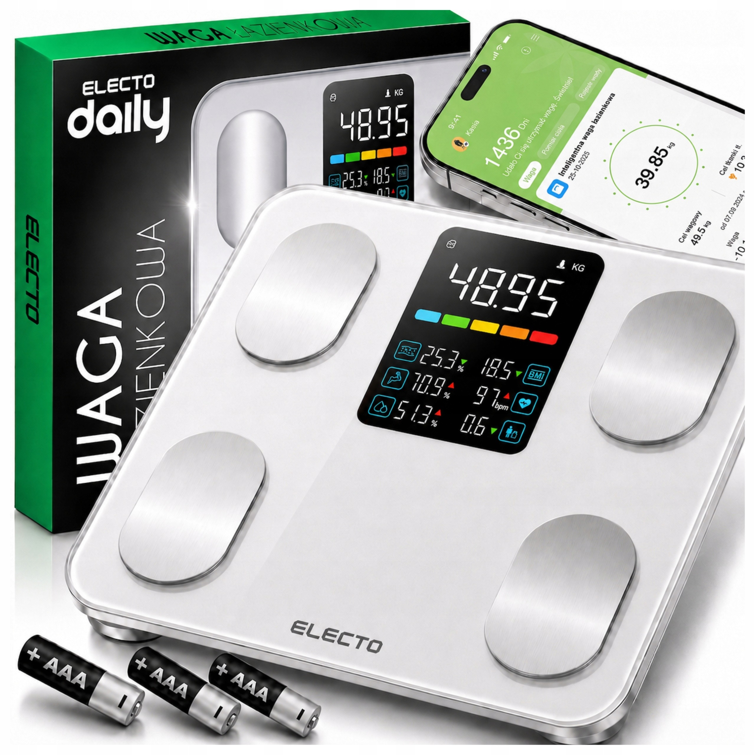 Waga Łazienkowa Elektroniczna Analityczna Aplikacja Po Polsku Bmi 24W1 LCD