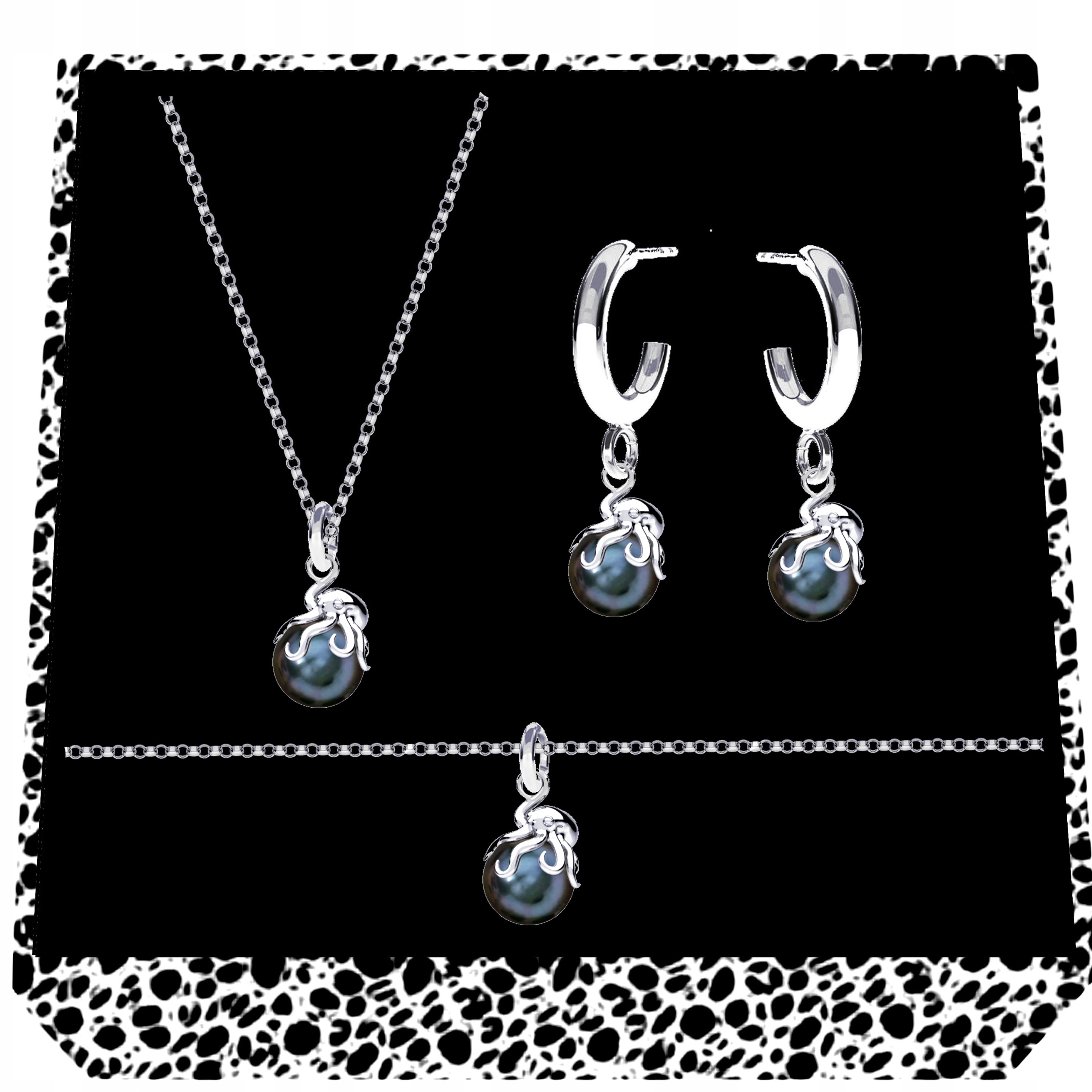 Chobotnice S Perlou Perly Černé Stříbrný komplet rolo stříbro 925