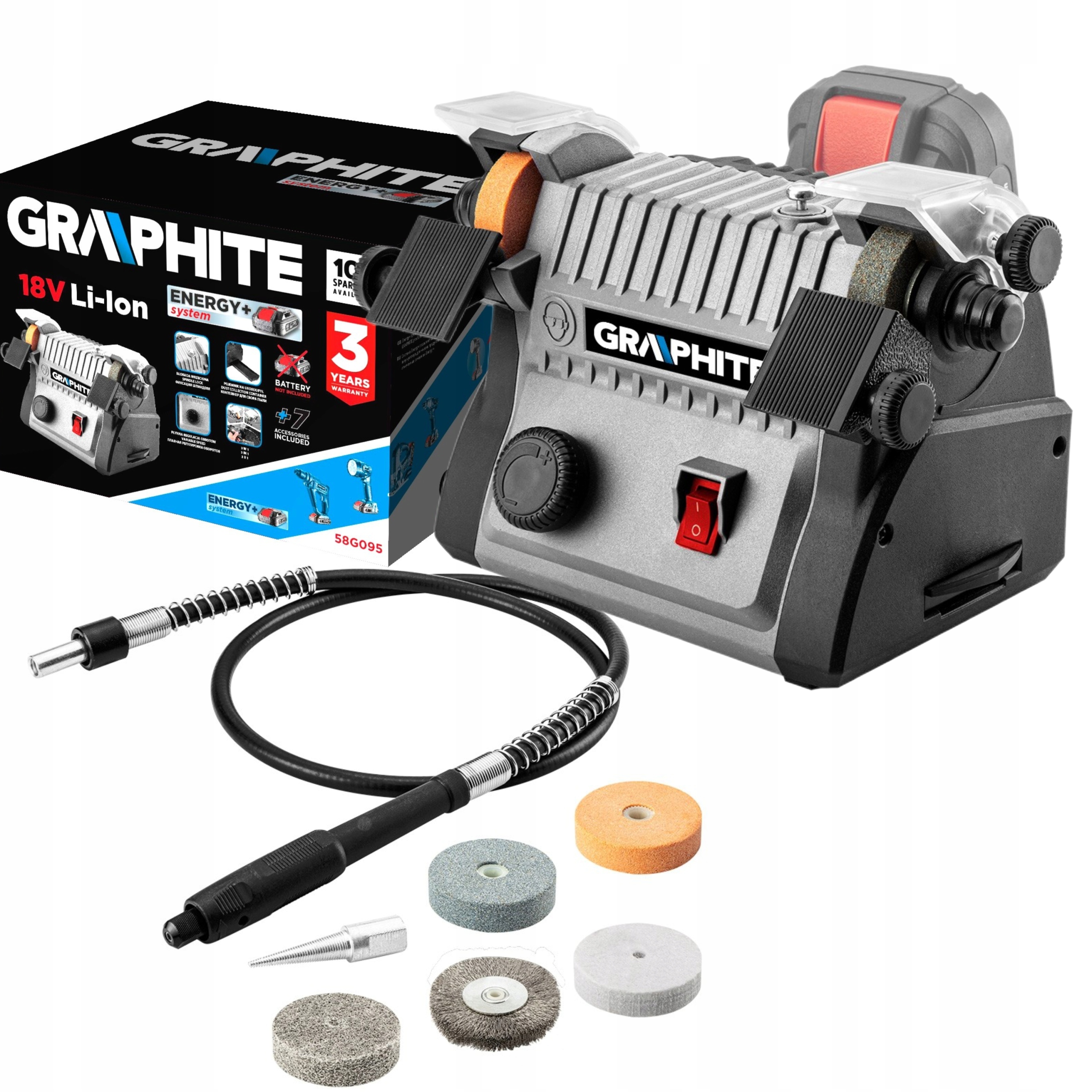 

Graphite Mini Szlifierka Stołowa akumulatorowa 3w1