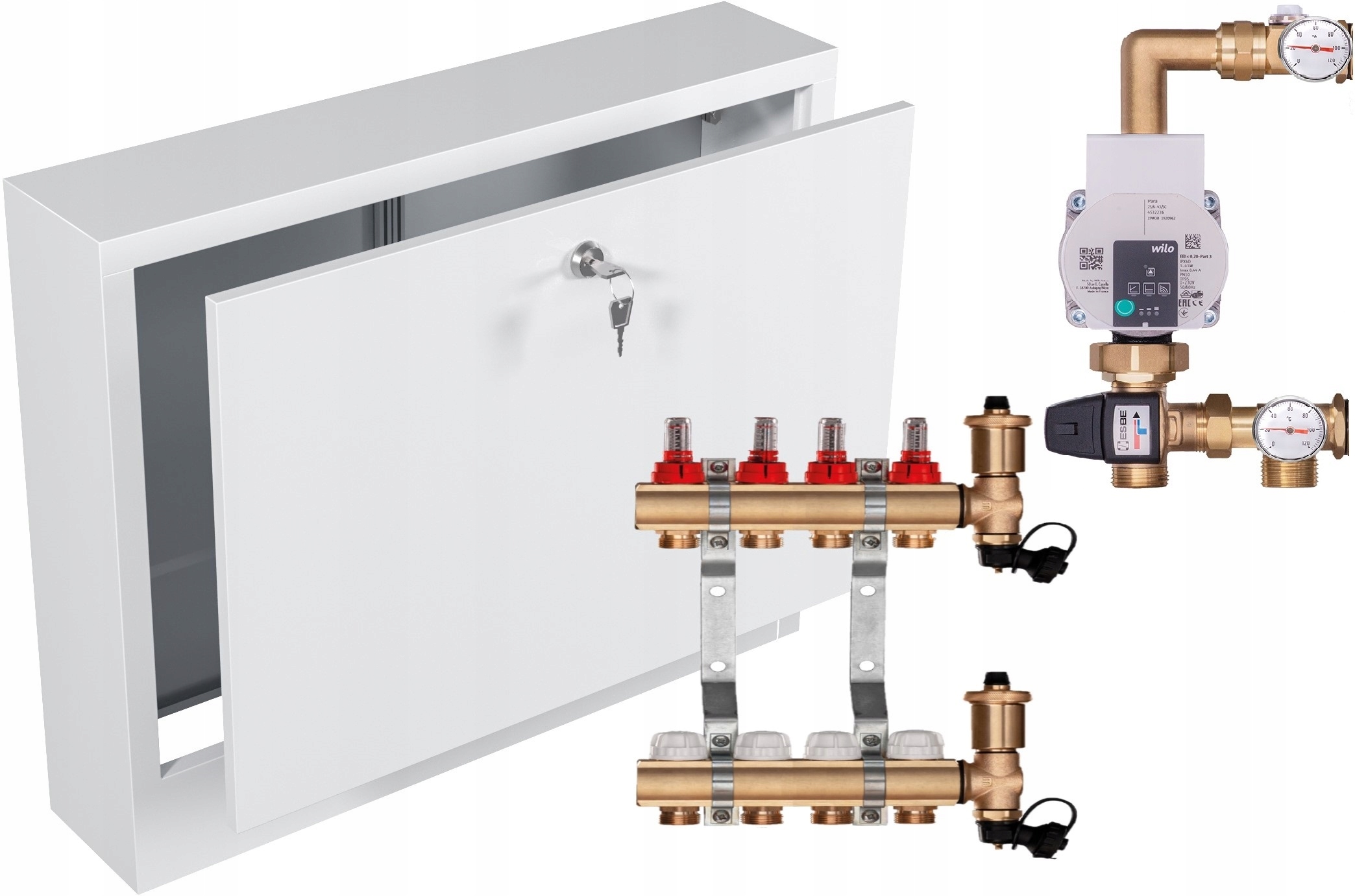 Mosazný rozdělovač pro podlahu 4 s Pumpou Wilo Nástěnná Skříňka