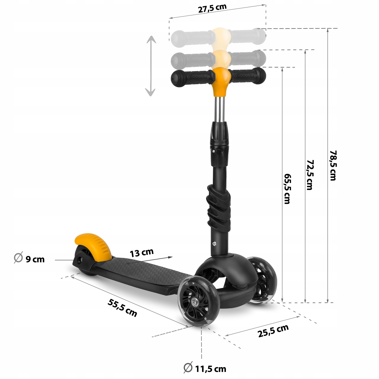 HULAJNOGA TRÓJKOŁOWA DLA DZIECKA ŚWIECĄCE KOŁA PREZENT DLA 3 4 5 LATKA Długość podestu 55.5 cm