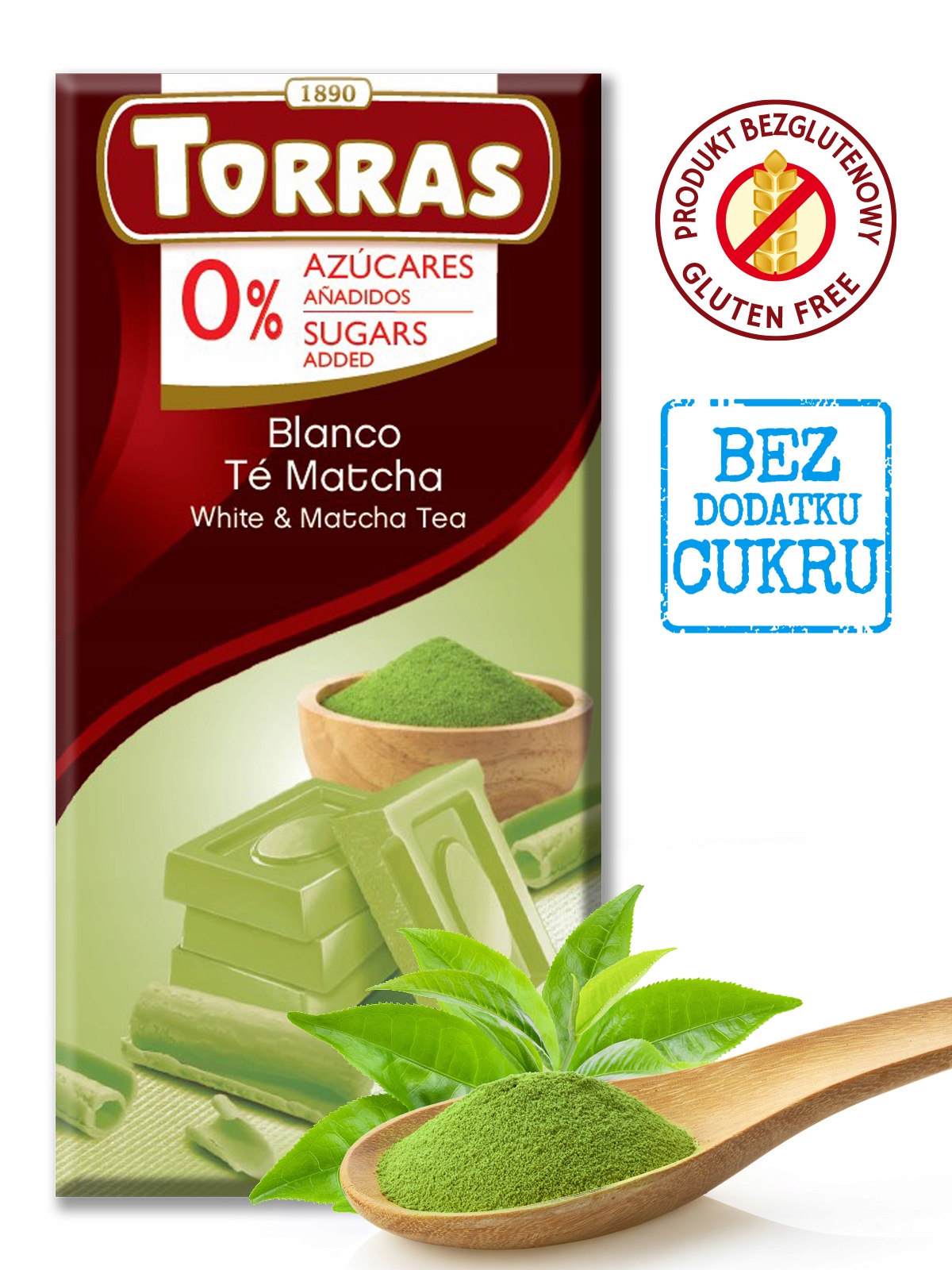 Levně 5 x Čokoláda bílá s matchou bez cukru Torras 75 g