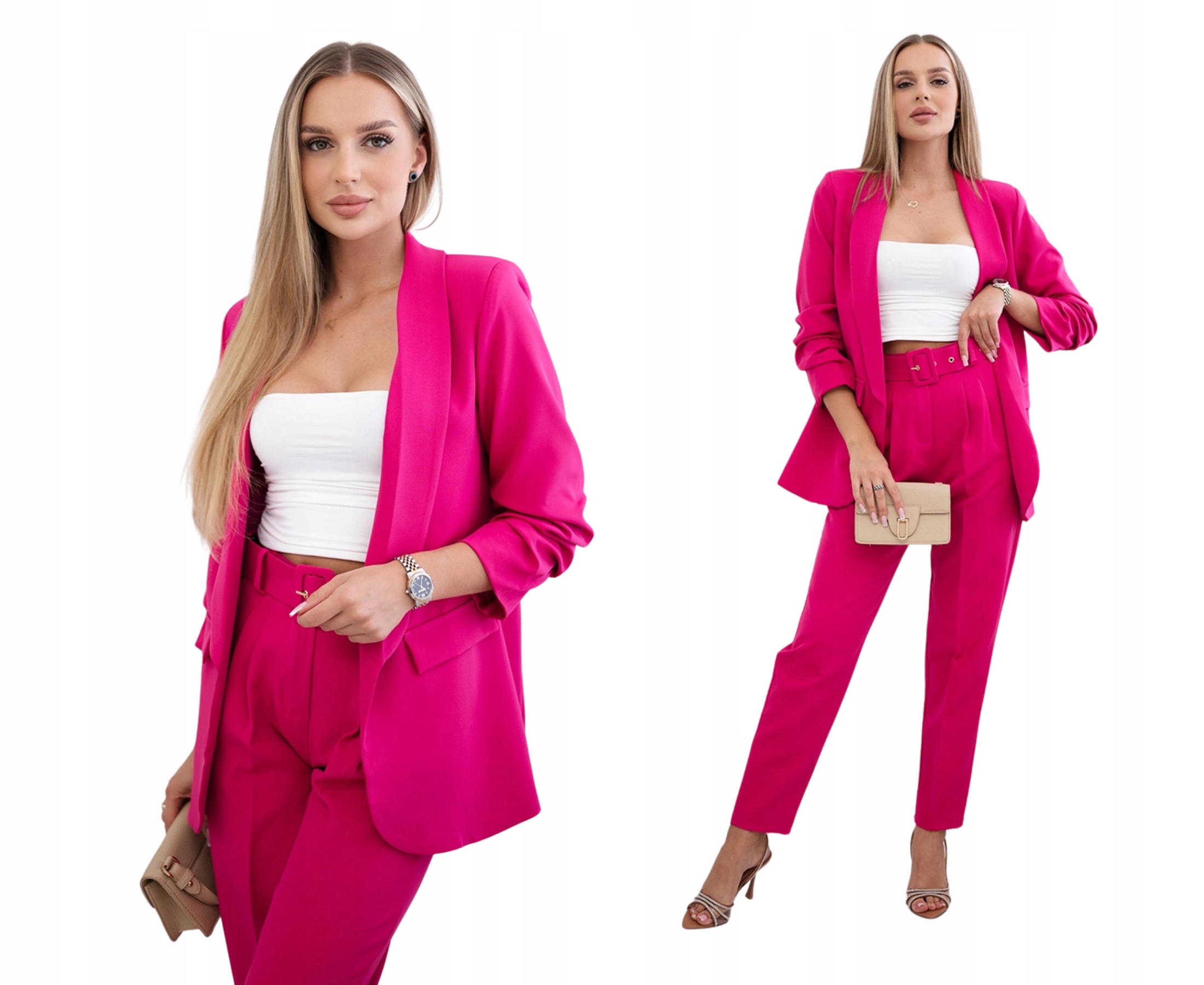 Fuchsiový elegantní dámský komplet – sako a kalhoty s páskem