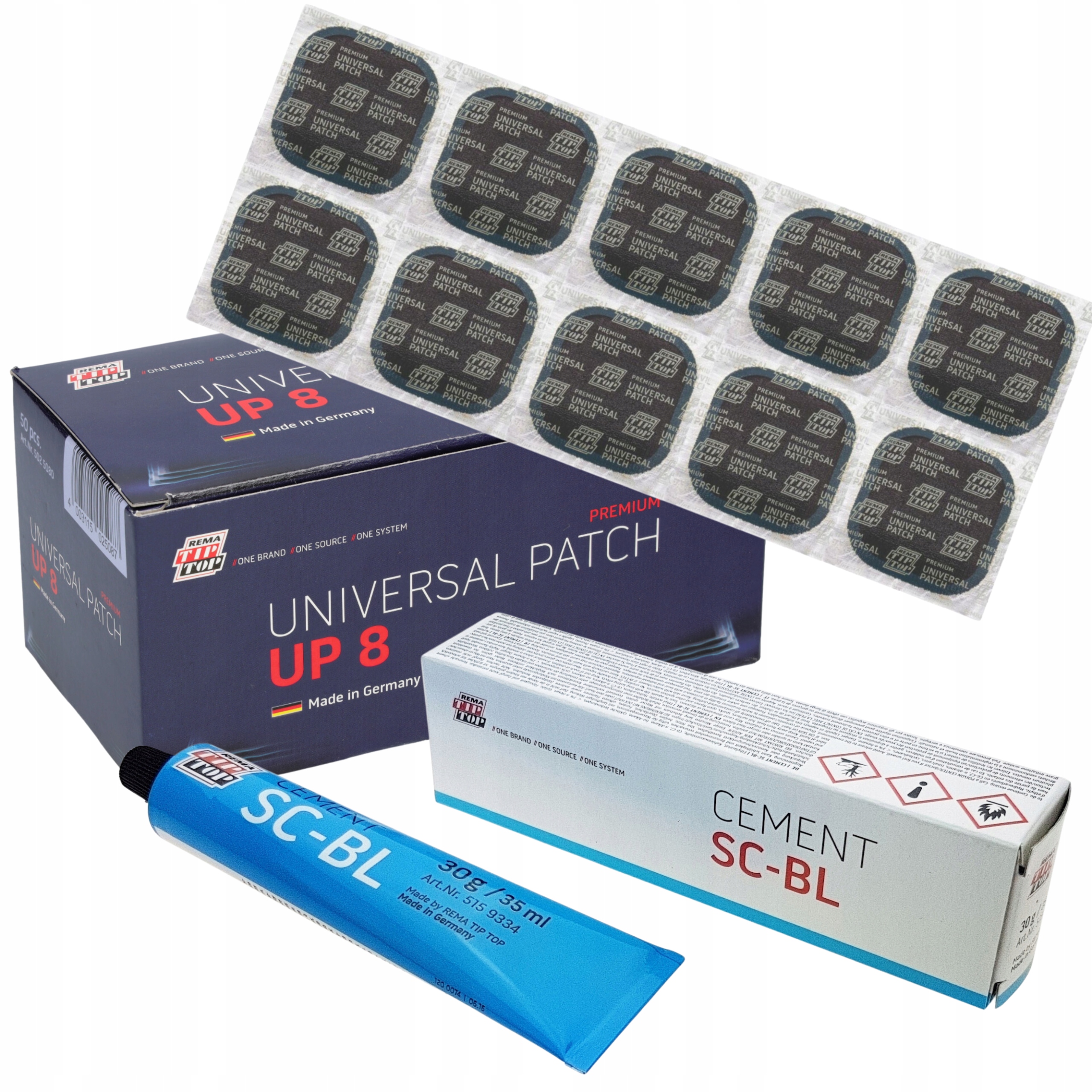 Zestaw łatek uniwersalnych do naprawy opon UP8 Klej Cement Sc-bl 30ml