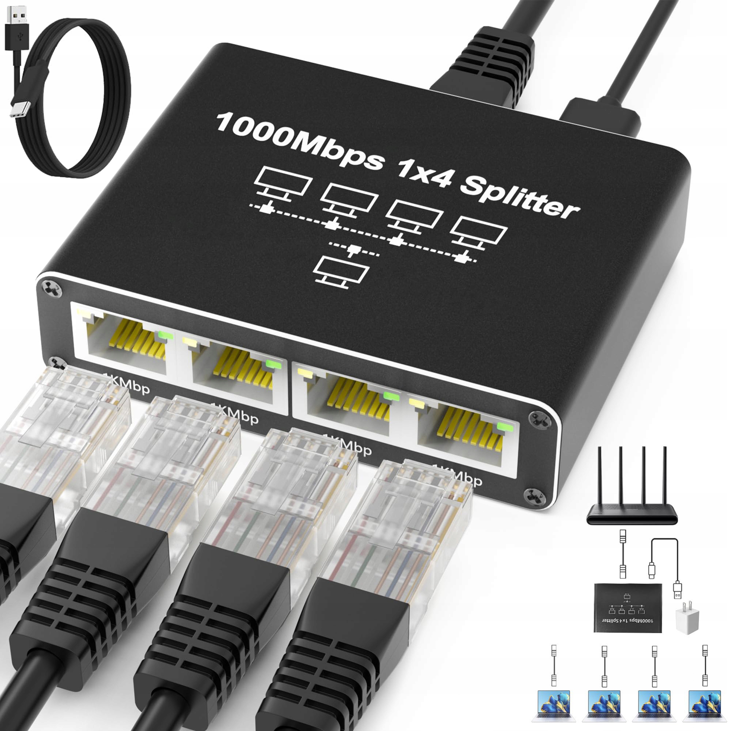 Adapter rozdzielacz mini Switch splitter LAN Ethernet RJ45 4xRJ45 1000M 1GB