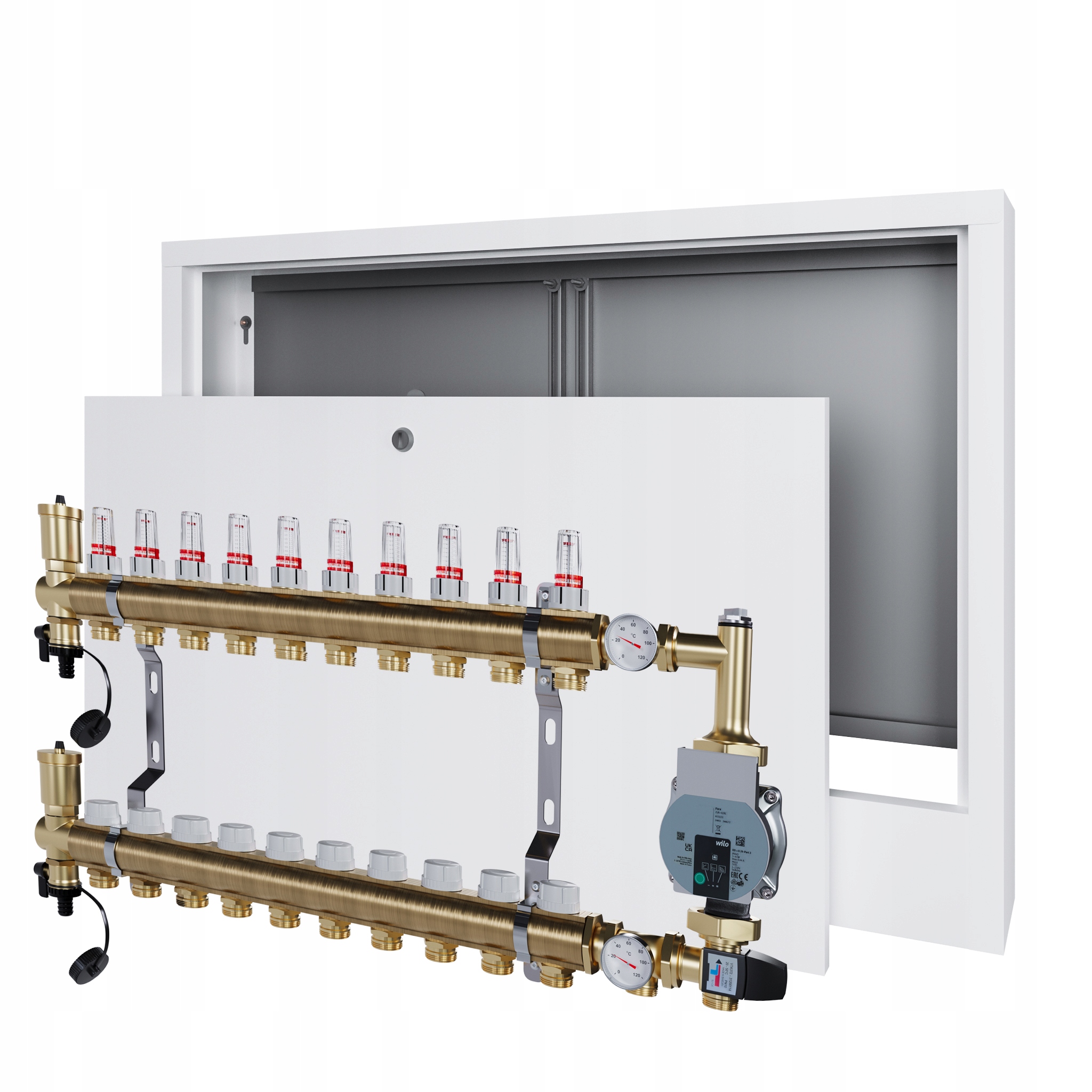 Rozdělovač pro podlahovku 10 s čerpací skupinou Wilo a nástěnným boxem