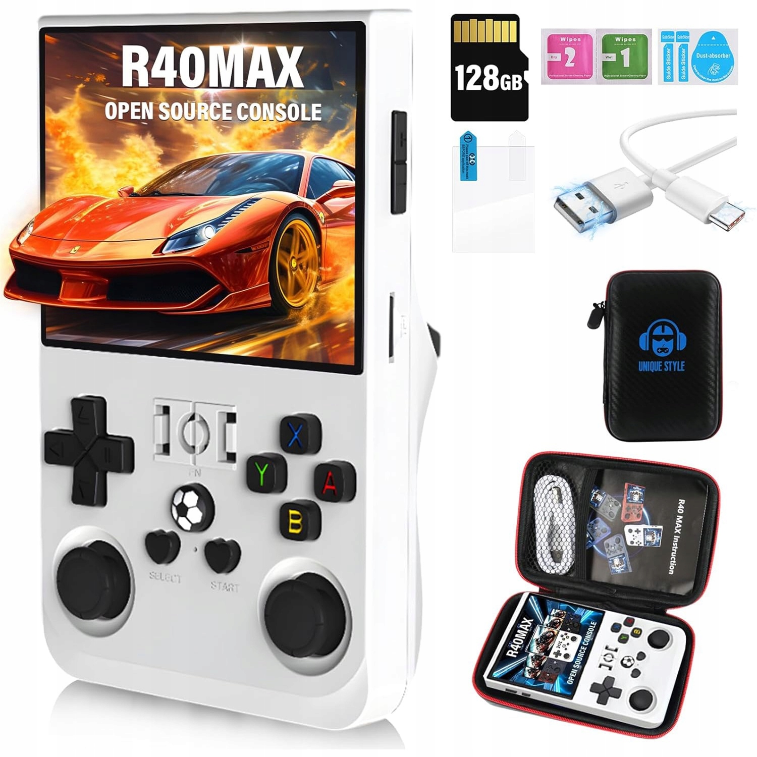 Přenosná Herní Konzole R36MAX Pro Retro Hry 20000+ Her Linux 64GB Gameboy Bílá