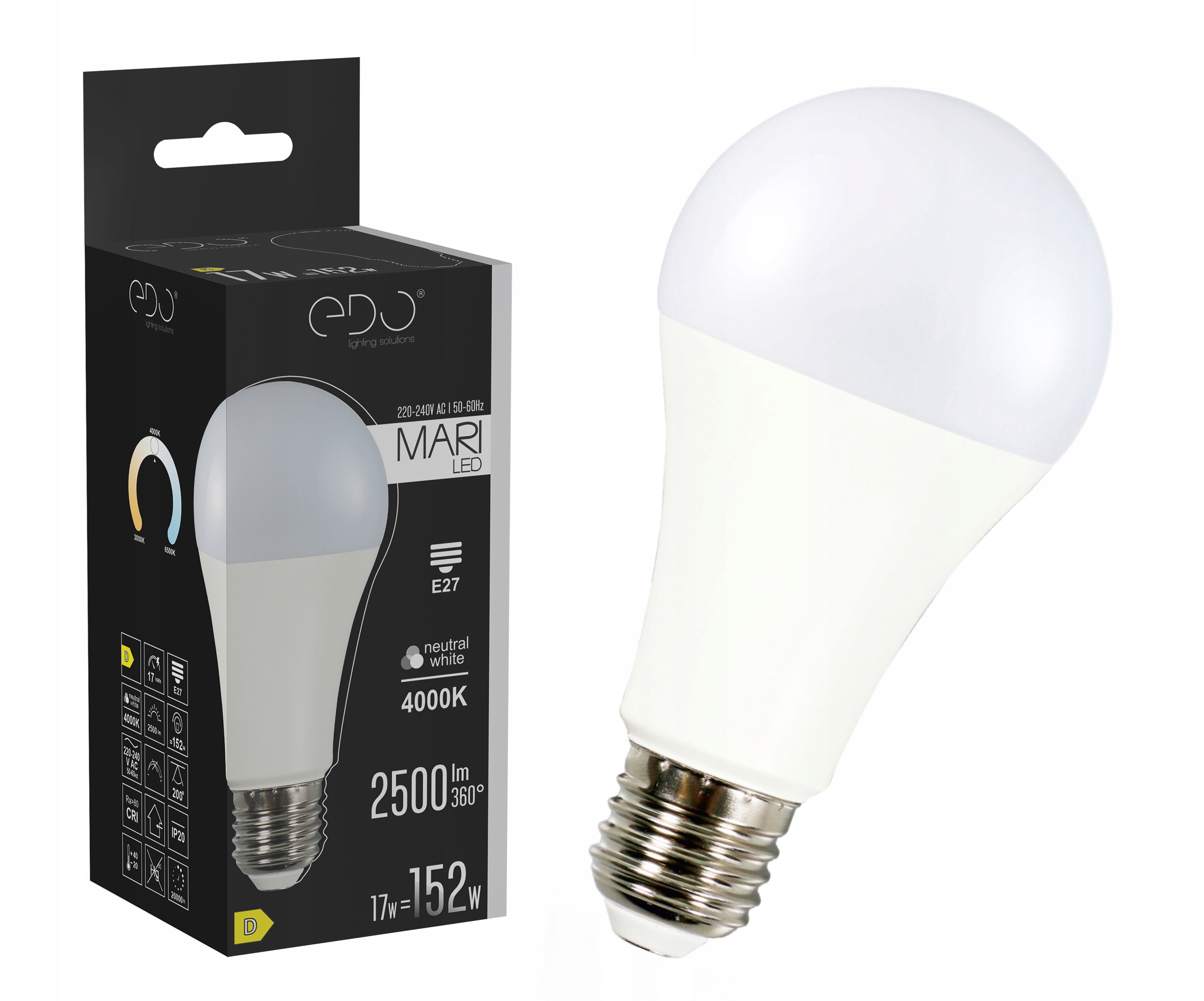 

Żarówka Led E27 A65 17W 4000K neutral 2500lm Edo