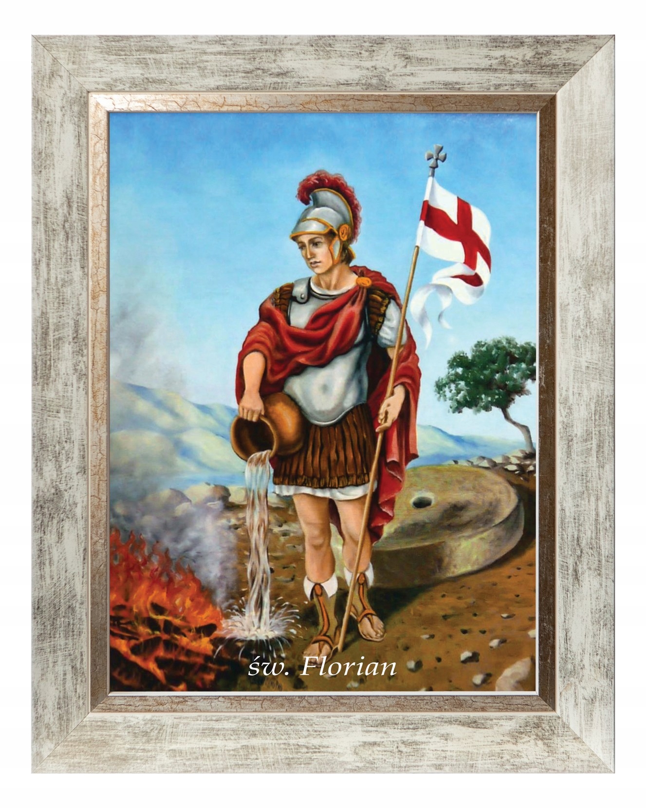 Svatý Florián Náboženský Obraz V Bílém Ozdobném Rámu 30X40