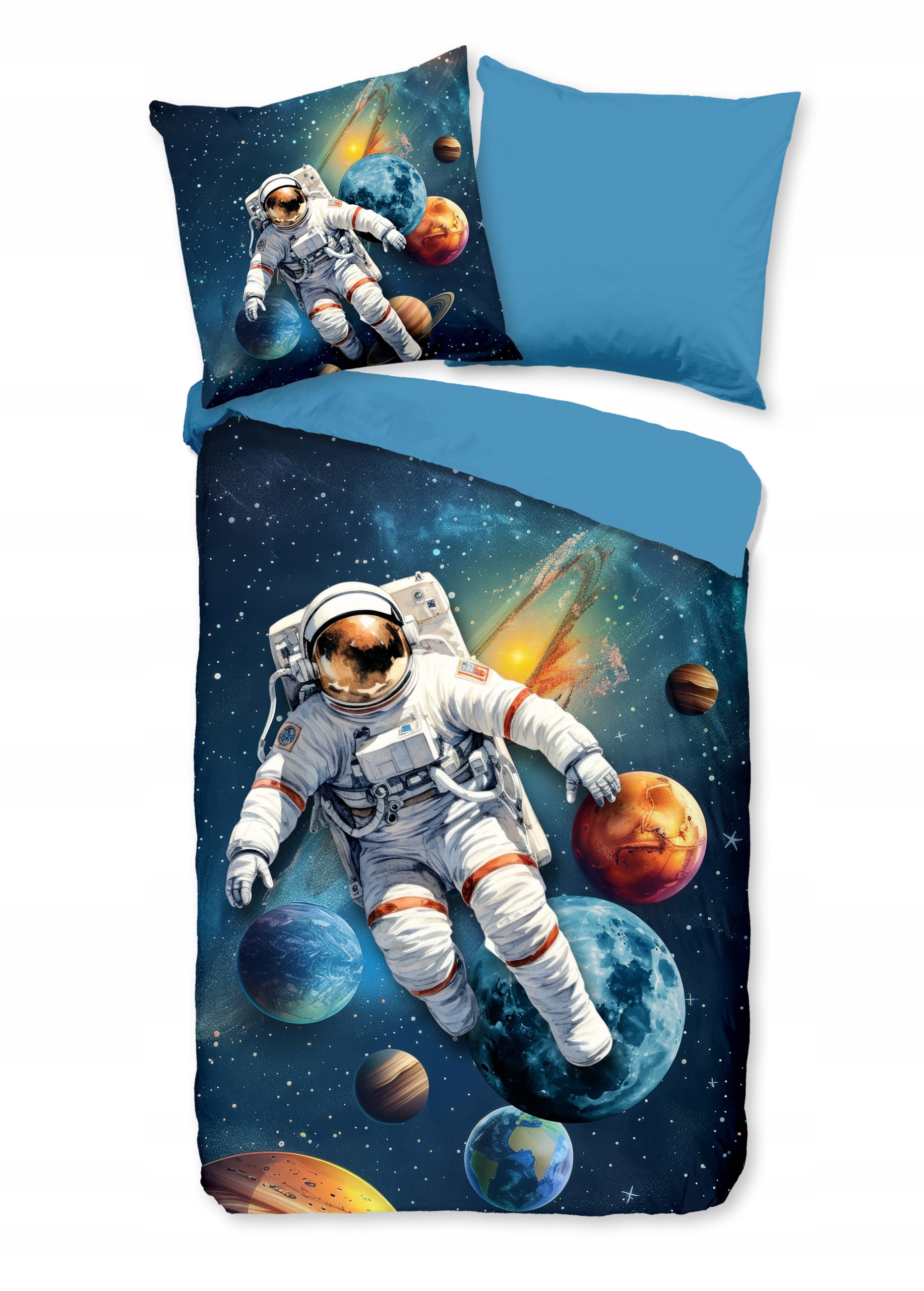 POŚCIEL GRANATOWA 140X200 KOSMONAUTA KOSMOS PLANETY MIKROFIBRA