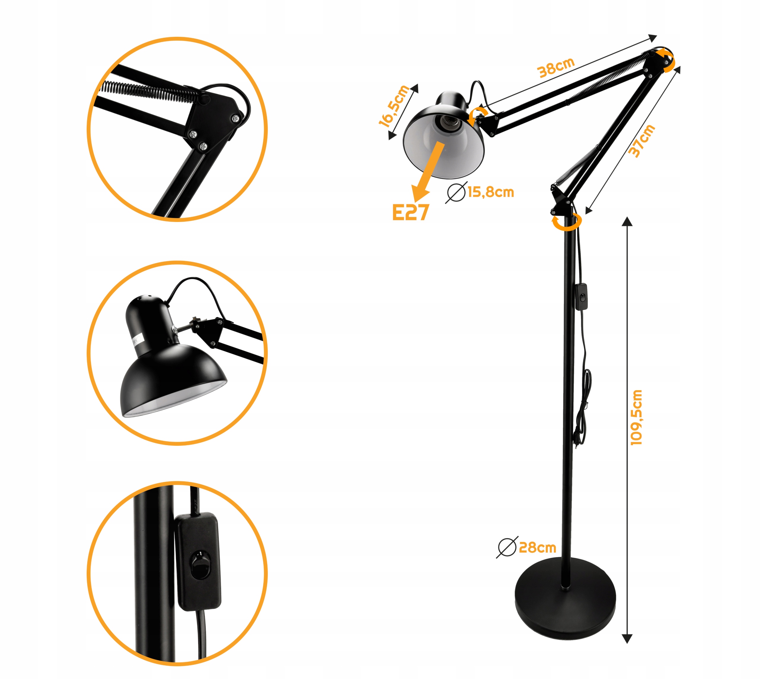 Lampka Lampa Podłogowa Stojaca LED 1xE27 185CM REGULACJA Kolekcja Lampka Berlin