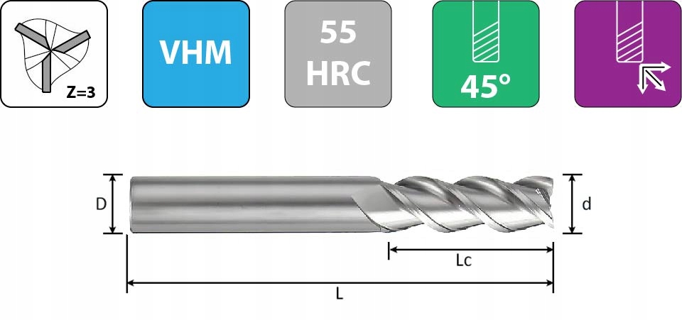 Frez VHM węglik Fi8mm Aluminium 3pióra 55HRC Twardość (HRC) 45