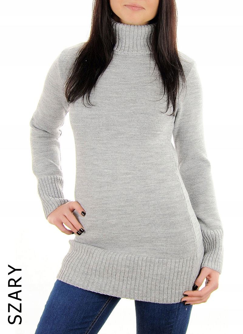 DŁUGI CIEPŁY SWETER DAMSKI GOLF POLSKI ECRU L XL Dekolt golf