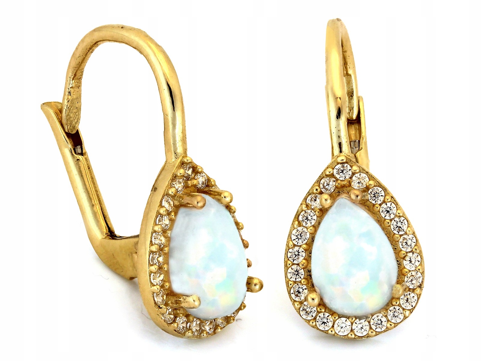 Zlaté náušnice s opálem 585 a zirkony, kapka bílé slzy na anglické 14k