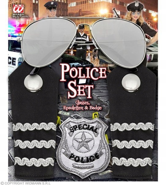 ZESTAW POLICJANT POLICJANTKA OKULARY PAGONY OZNAKA Kolor dominujący odcienie szarości