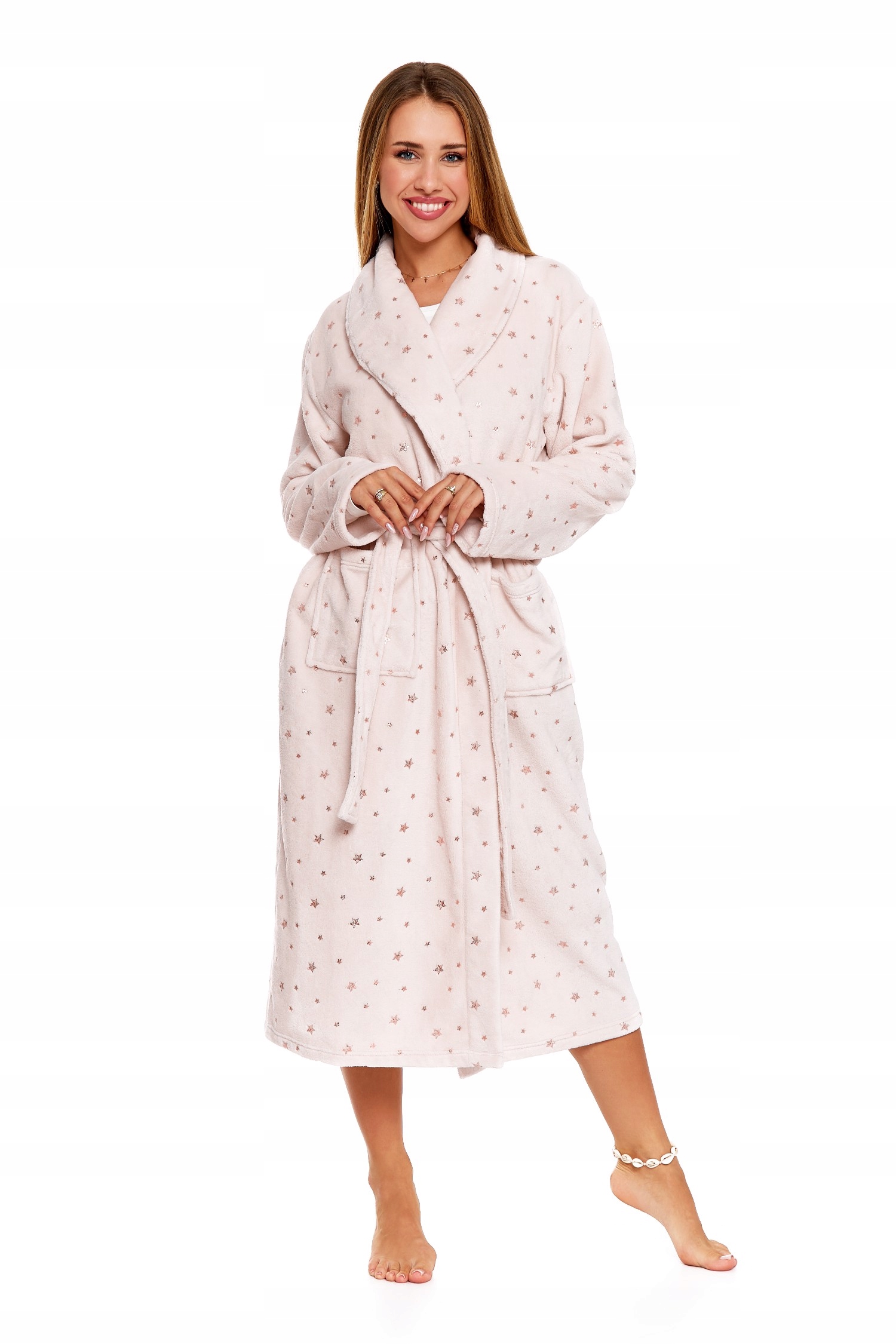 CIEPŁY PUSZYSTY SZLAFROK DAMSKI DŁUGI W ZŁOTE GWIAZDKI WIĄZANY MORAJ L Rozmiar L