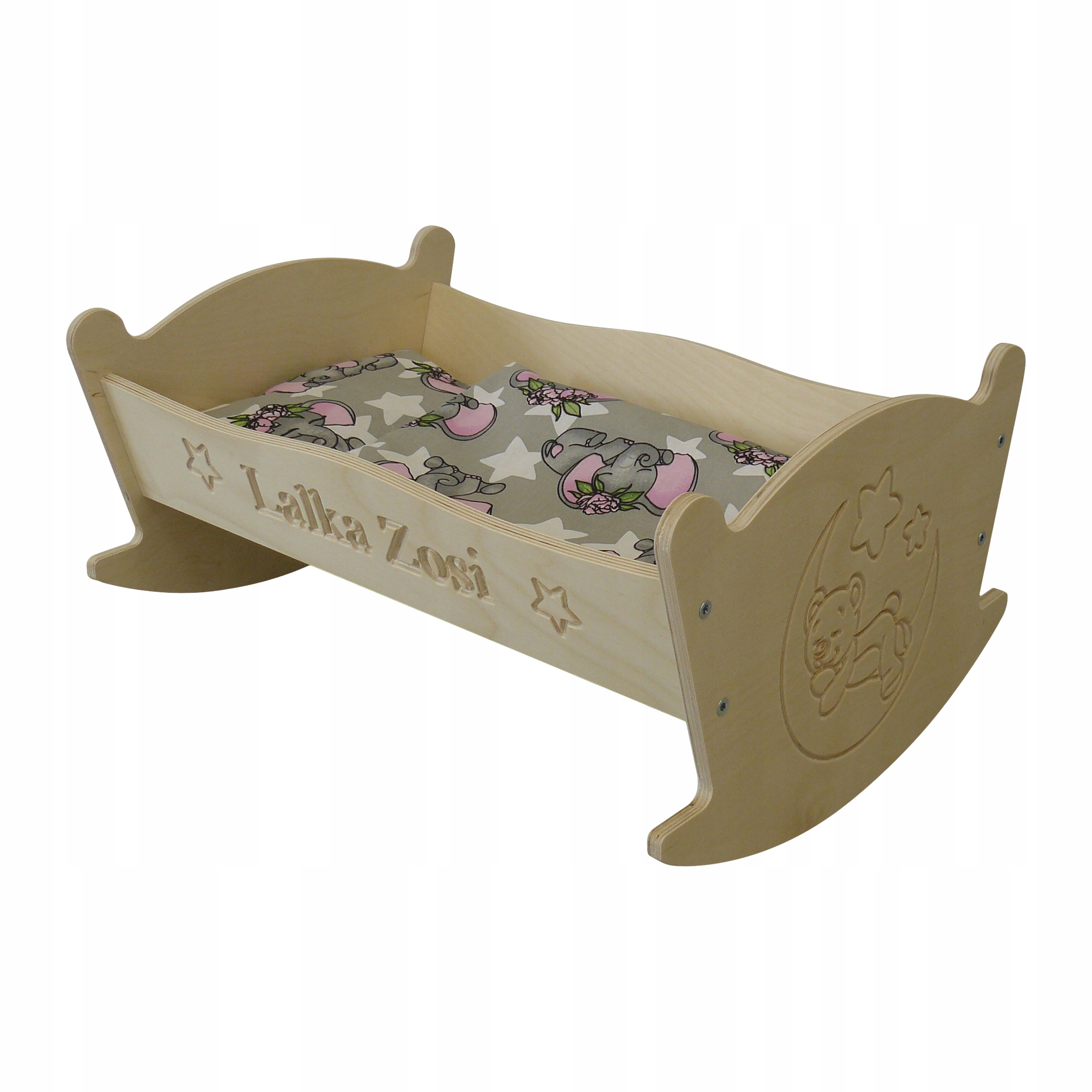 DUŻA KOŁYSKA GRAWEROWANA LALKA + IMIĘ + SŁONIK