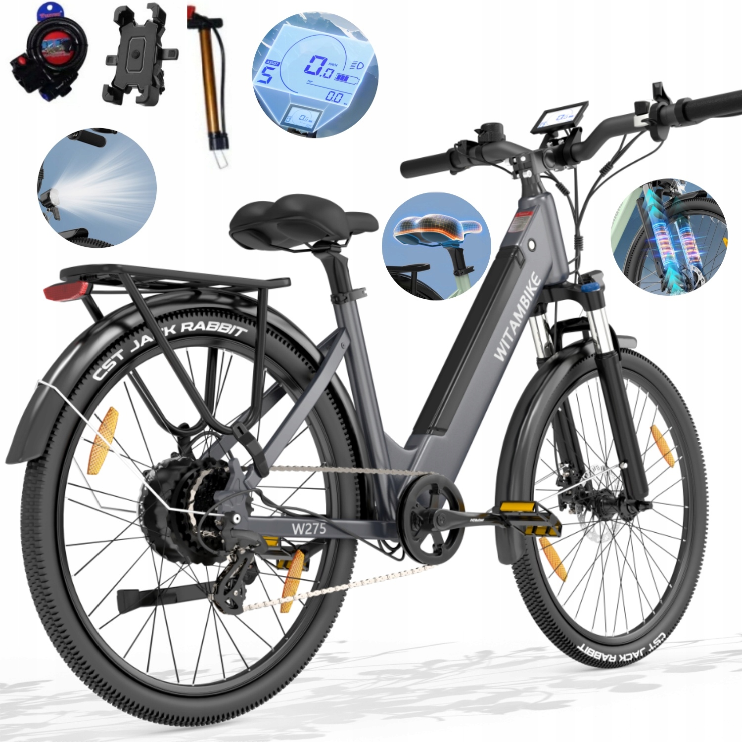 Rower elektryczny Miejski damski/męski W279 250W 25KM/H 13AH 100km 27.5''