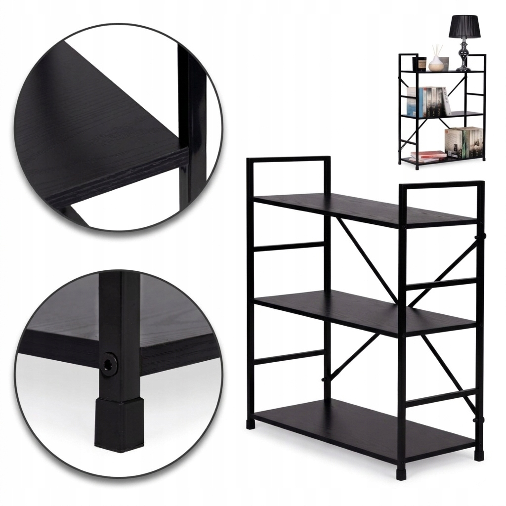 Dřevěný regál Kovový rám Široký loft 3 police Černý