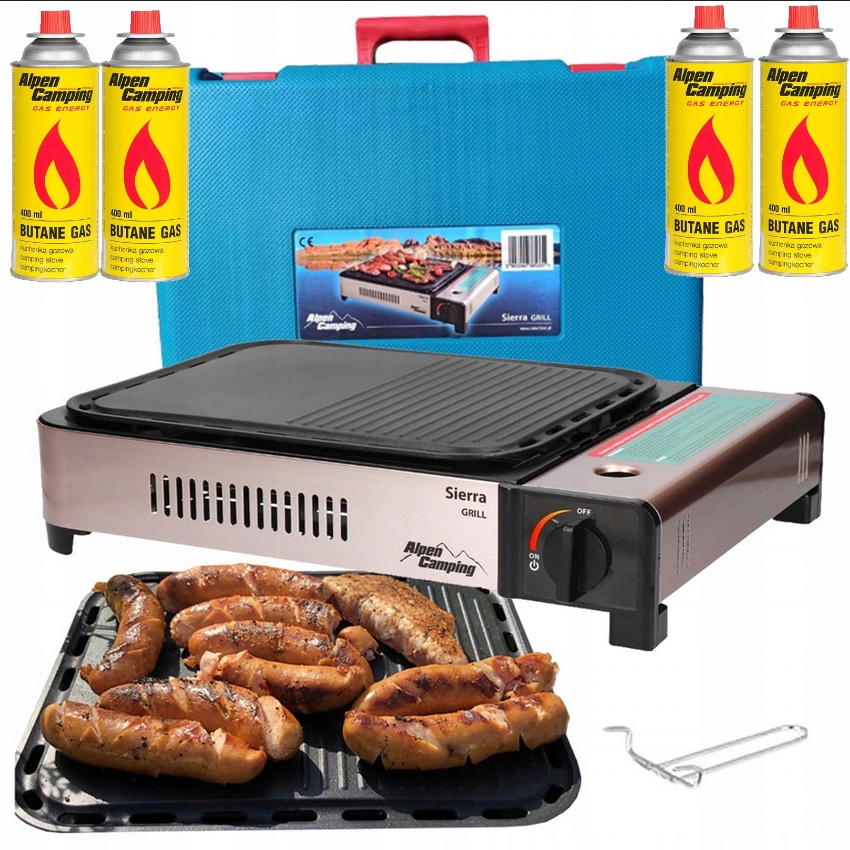 Grill Gazowy Turystyczny Sierra przenośny kartusz Alpen Camping 4 x Kartusz