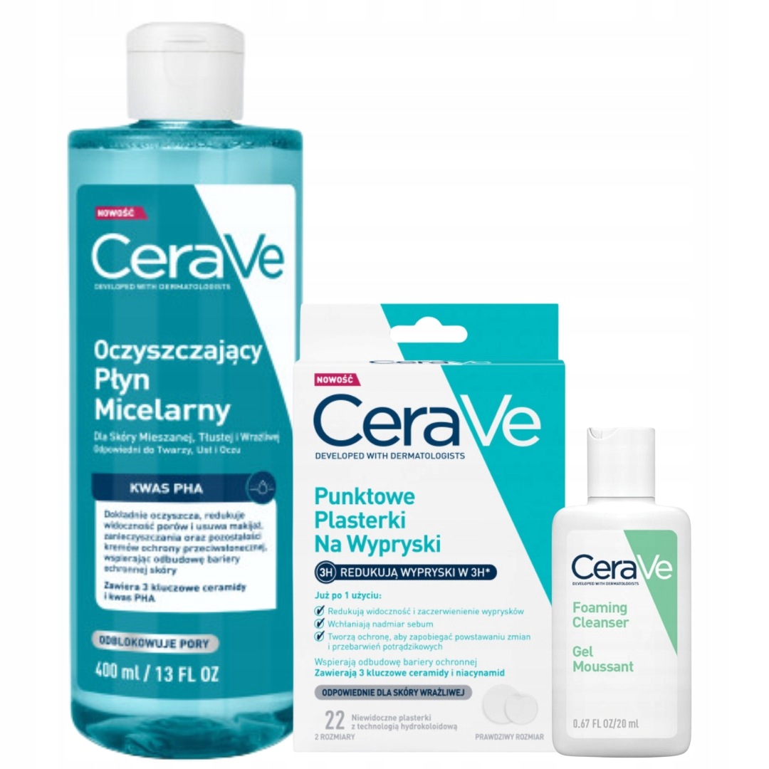 CeraVe Płyn micelarny oczyszczający 400ml Plasterki na wypryski 22szt